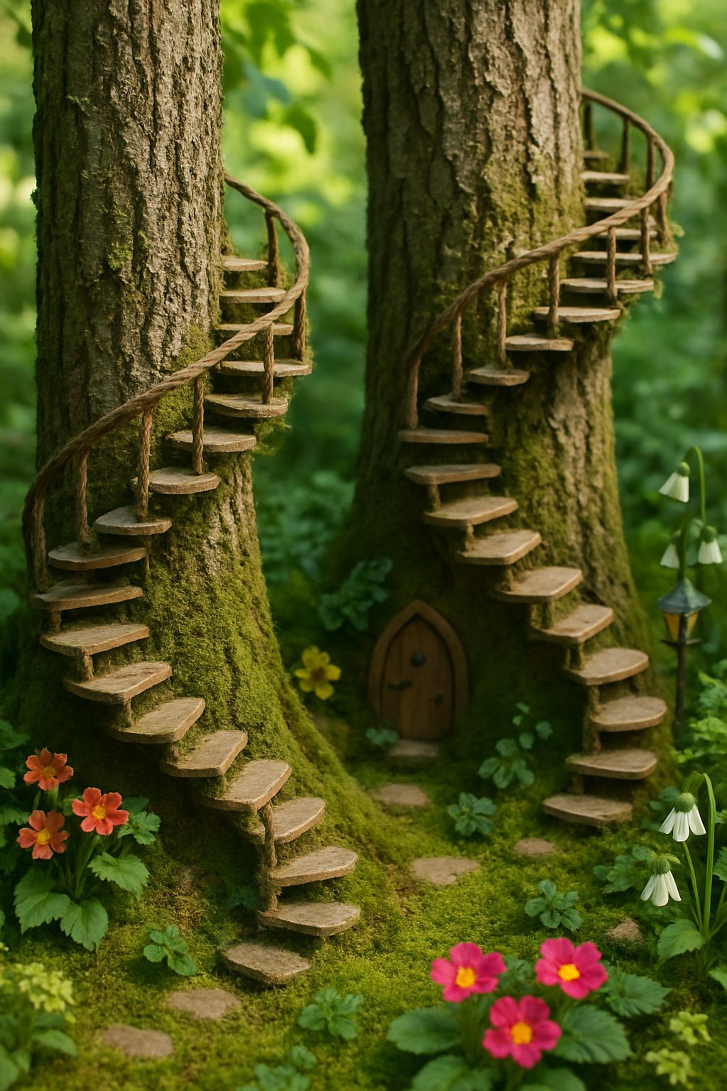Tiny fairy staircases winding around tree trunks in a lush garden with plants and flowers.