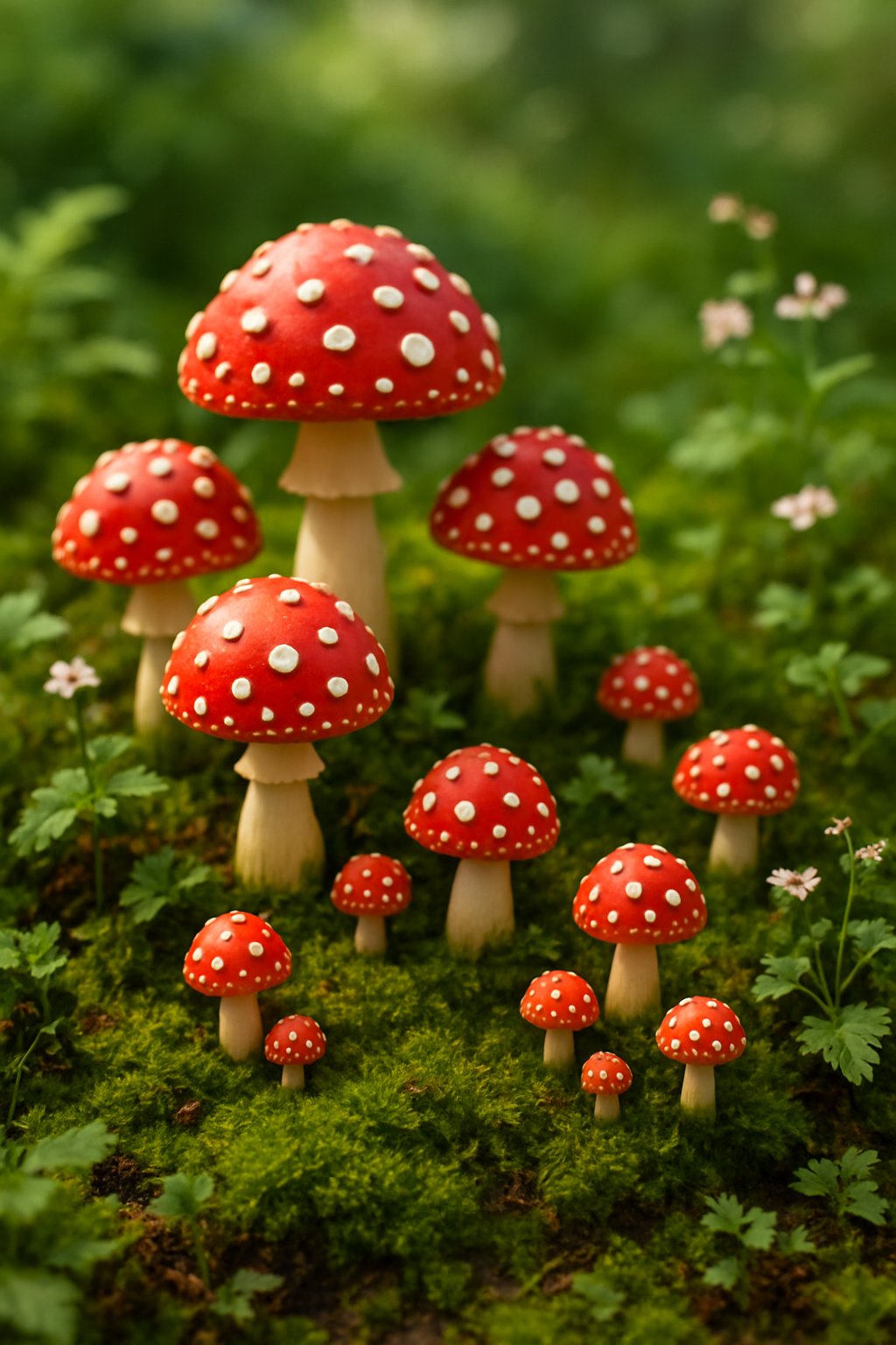 Miniature red and white spotted mushroom clusters arranged among green moss and small plants in a garden.