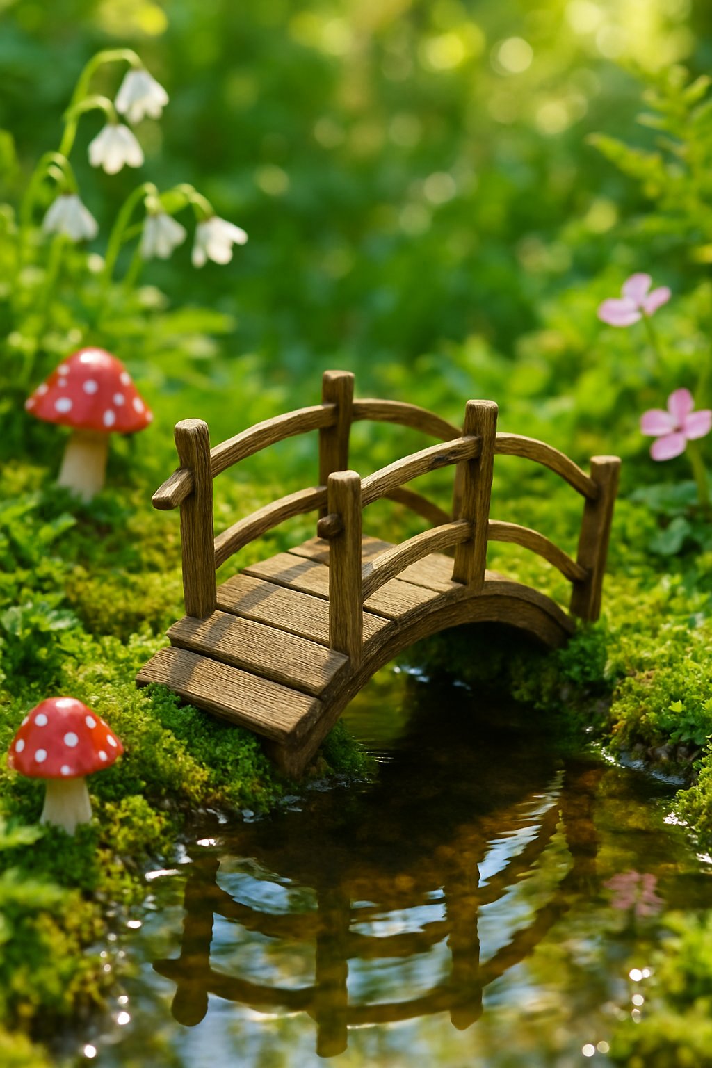 A small wooden bridge over a pond in a lush fairy garden with plants and tiny decorations.