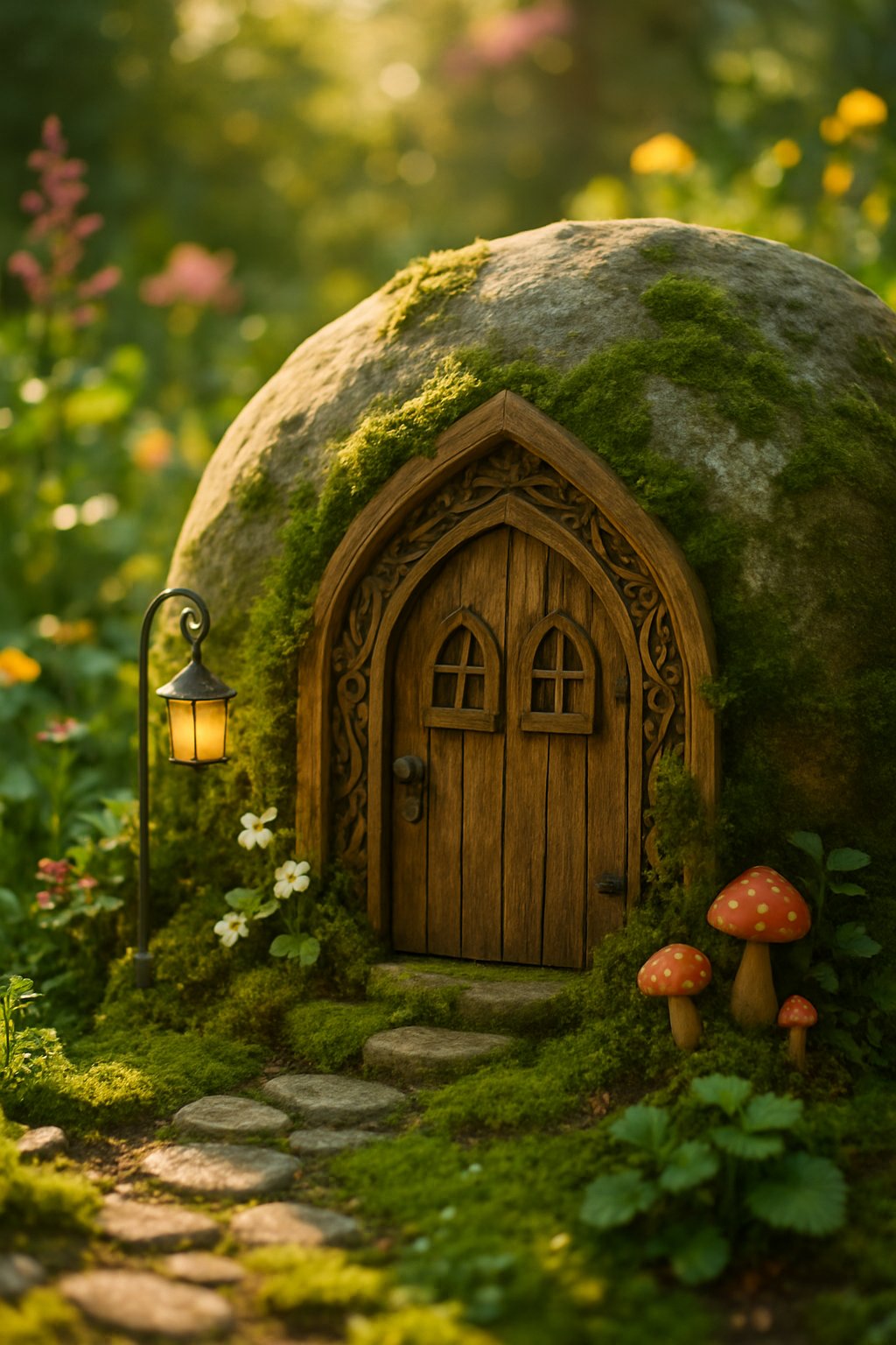 A large garden rock with a small, decorative fairy door built into its side, surrounded by moss, flowers, and greenery.