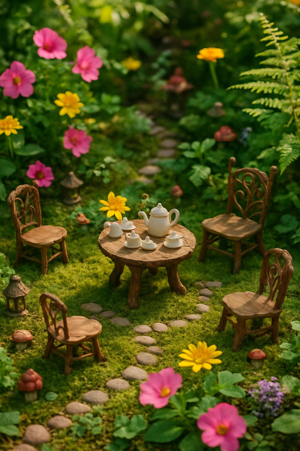 A miniature fairy garden with tiny chairs and tables arranged for a tea party among moss, flowers, and plants.