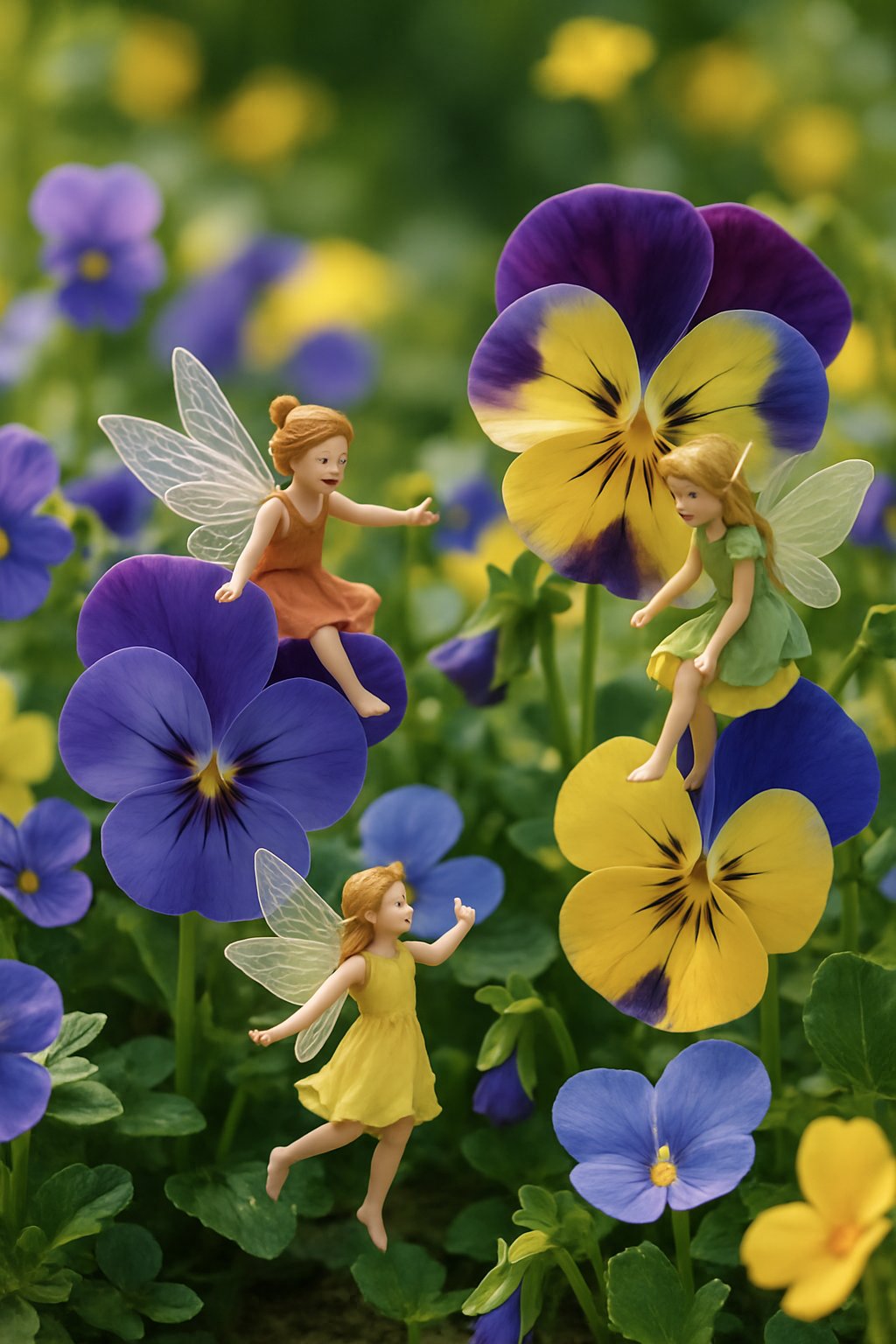 A close-up scene of colorful miniature flowers like violets and pansies appearing very large next to small fairies in a garden.
