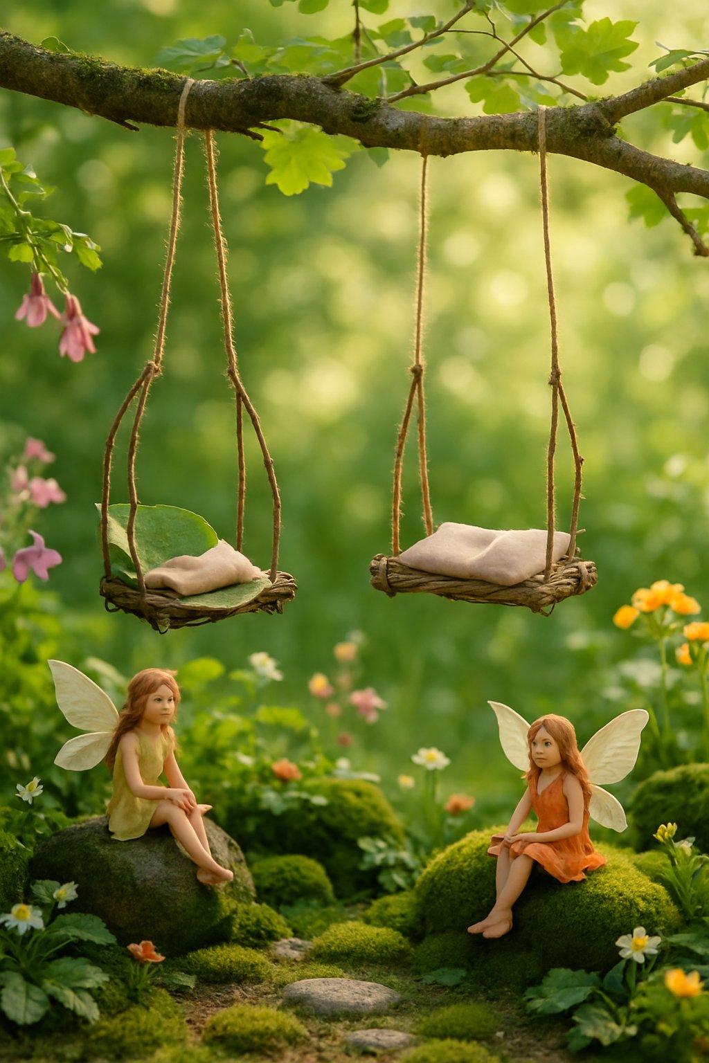 A fairy garden with small swings hanging from low tree branches surrounded by flowers, greenery, and tiny fairy figurines playing.