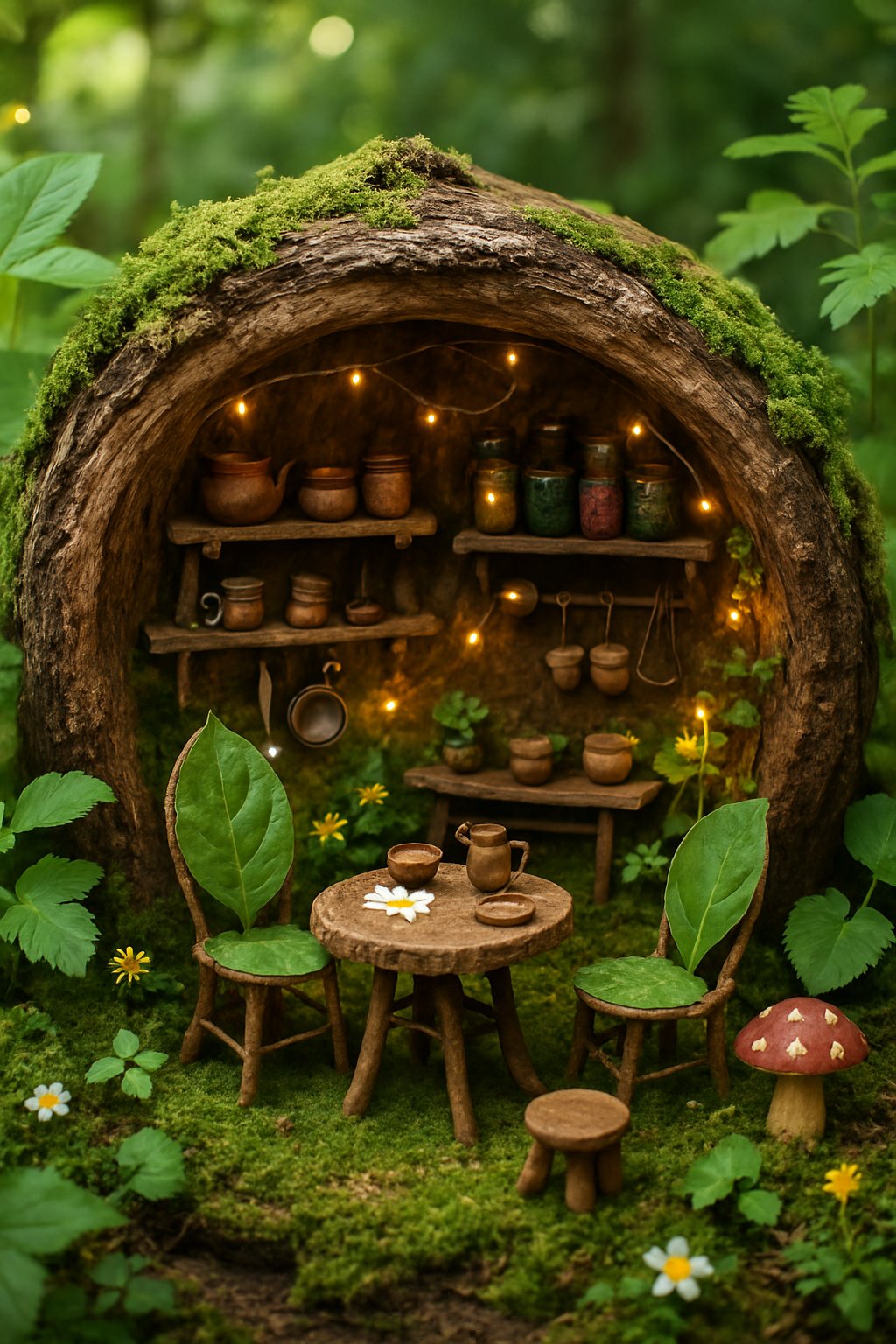 A hollowed-out old log transformed into a miniature fairy kitchen with tiny shelves, utensils, and furniture surrounded by moss and plants.