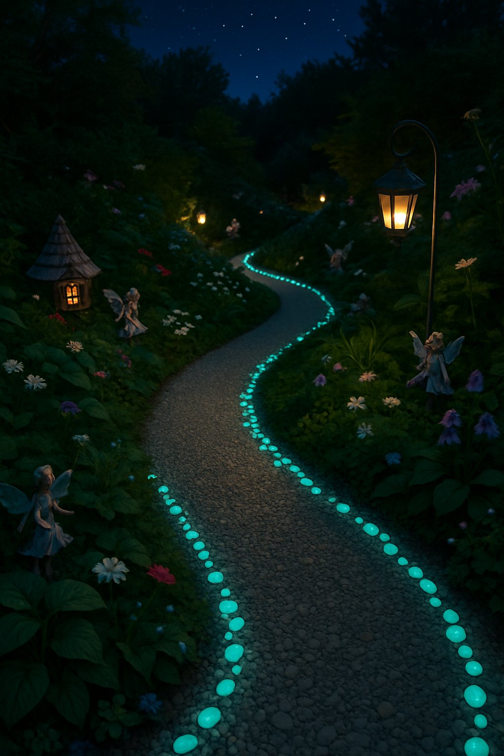 A winding pebble pathway lined with glowing stones at night, surrounded by plants and fairy garden decorations.