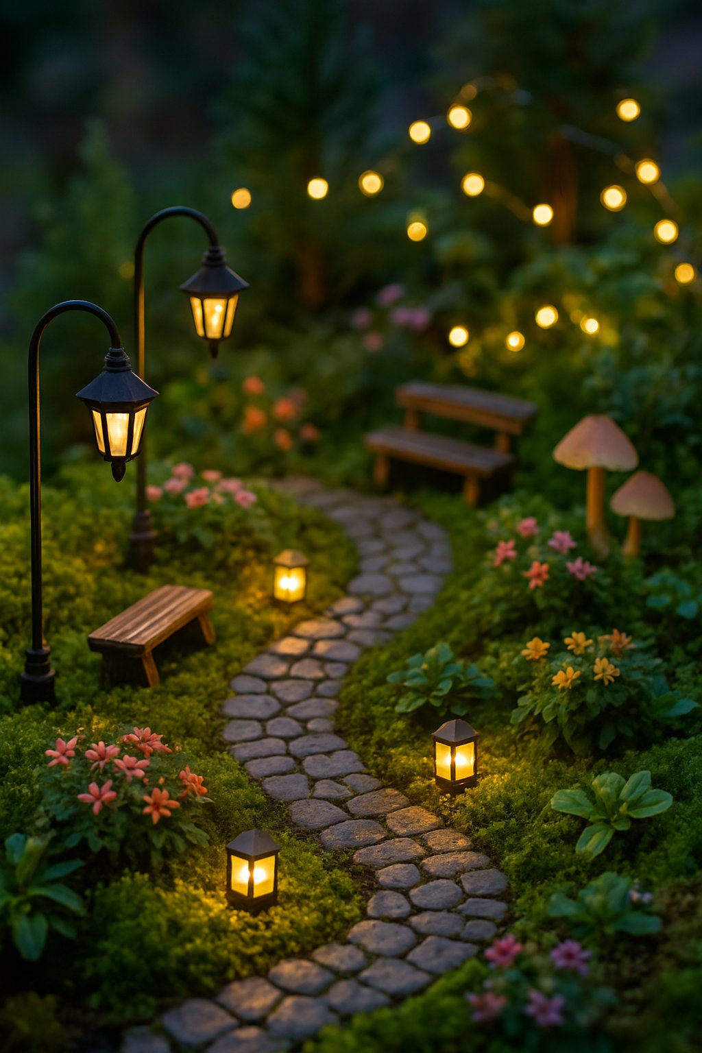 A miniature fairy garden at dusk with a cobblestone path illuminated by small glowing lanterns and fairy streetlights surrounded by moss, flowers, and tiny plants.