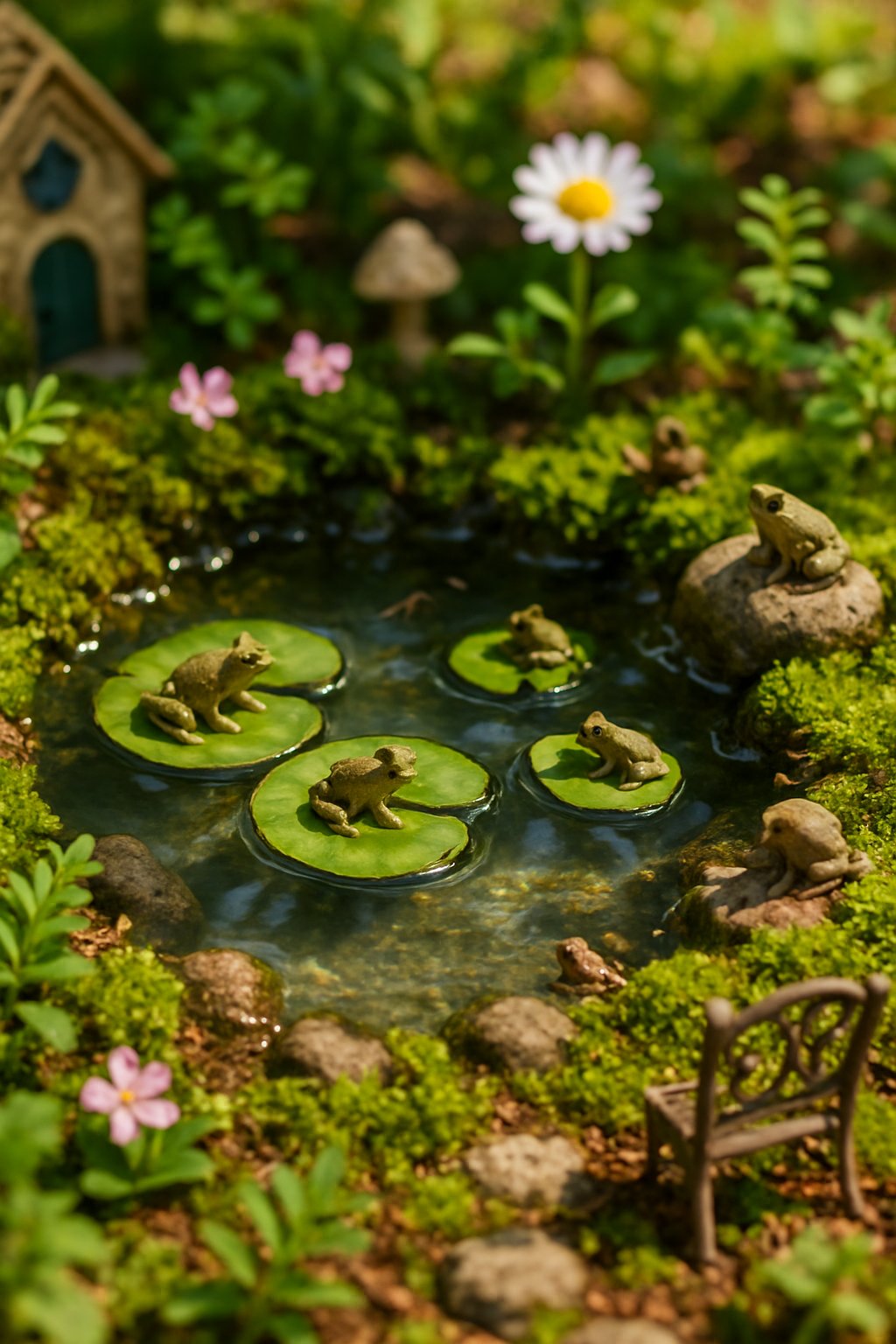 A small pond in a fairy garden with floating lily pads and tiny frogs surrounded by miniature plants and decorations.