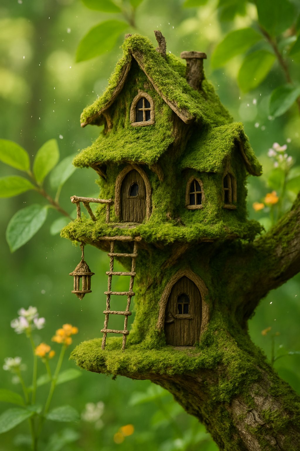 A small treehouse made of branches and moss perched on a tree branch surrounded by leaves and flowers.