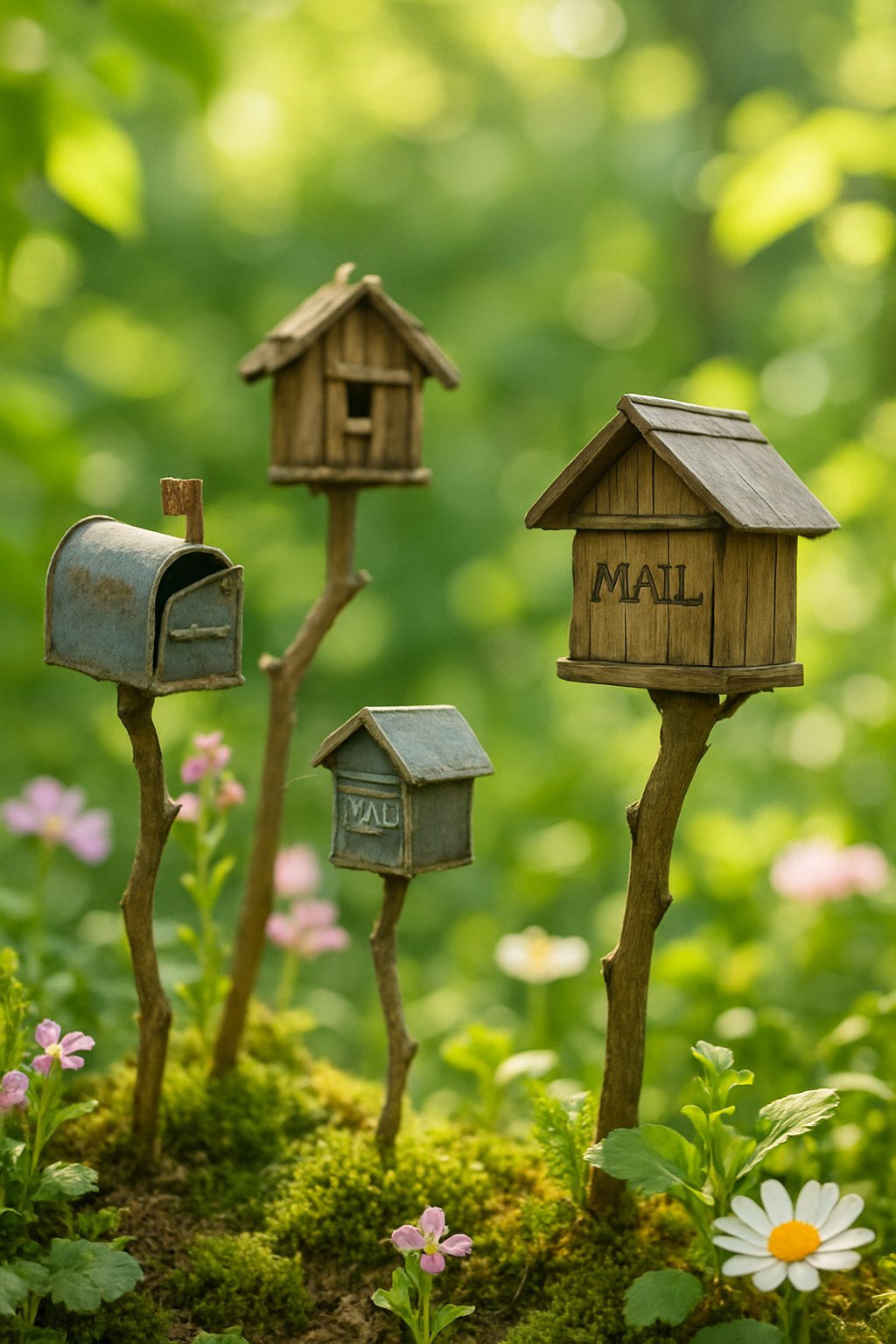 Miniature fairy mailboxes placed on twigs surrounded by small flowers and moss in a garden setting.