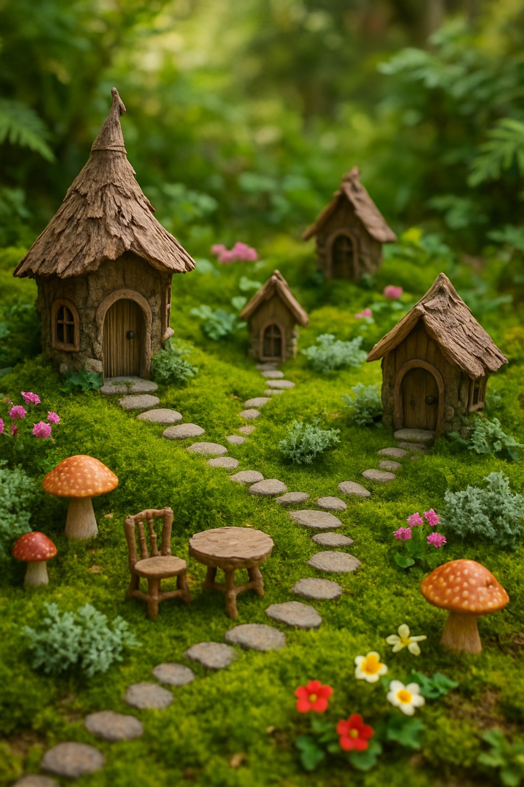 A close-up of a fairy garden with moss and lichen covering the ground, miniature fairy houses, small flowers, and mushrooms surrounded by woodland plants.