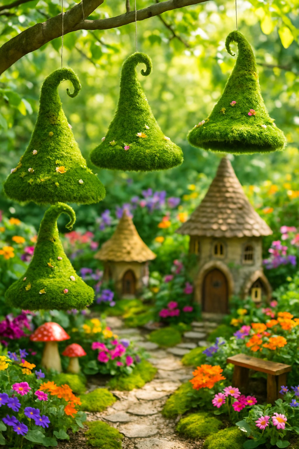 An outdoor fairy garden with moss ball fairy hats hanging from tree branches among miniature houses, flowers, and garden decorations.