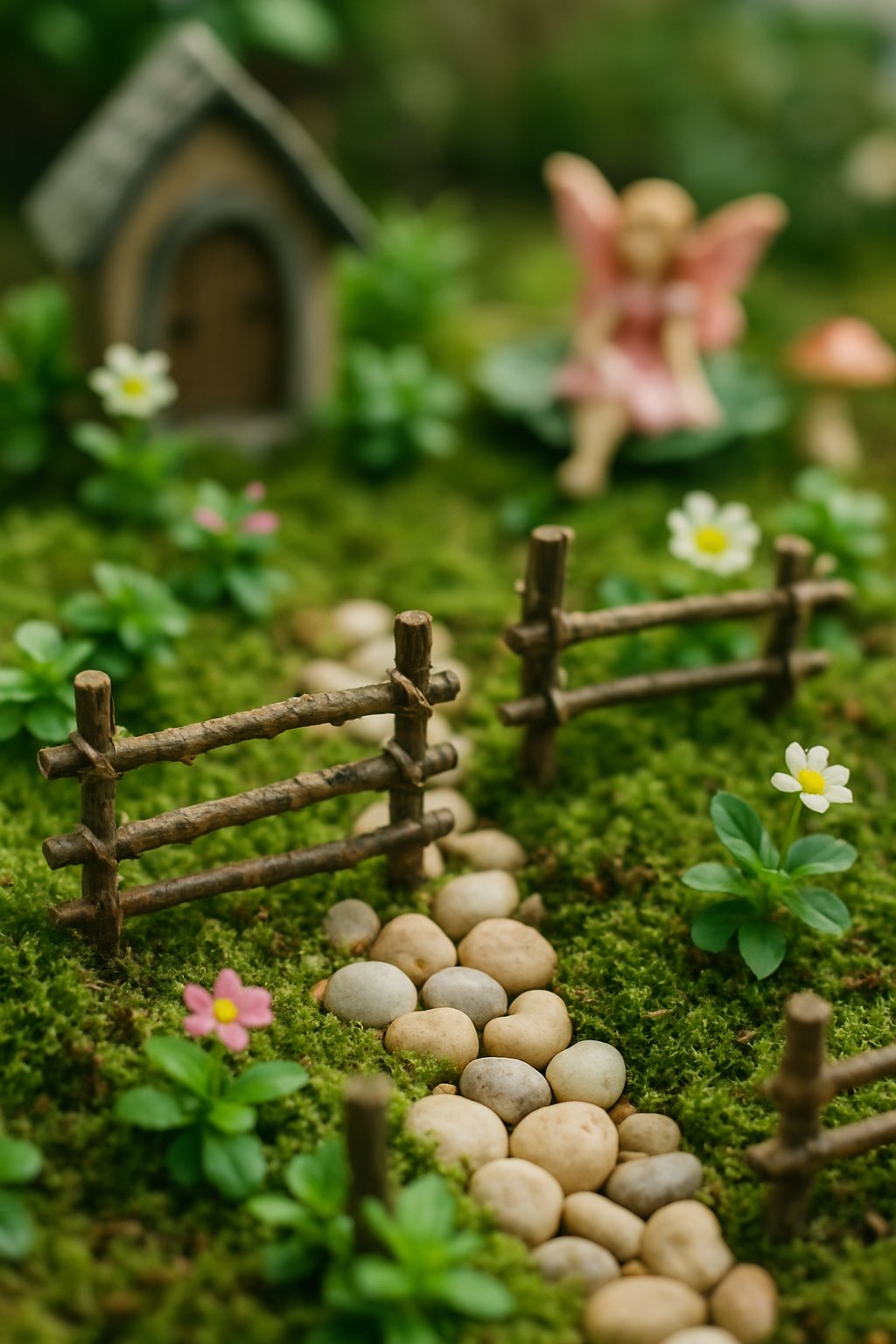 A miniature fairy garden with small fences made of twigs and pebbles surrounding tiny plants and moss.
