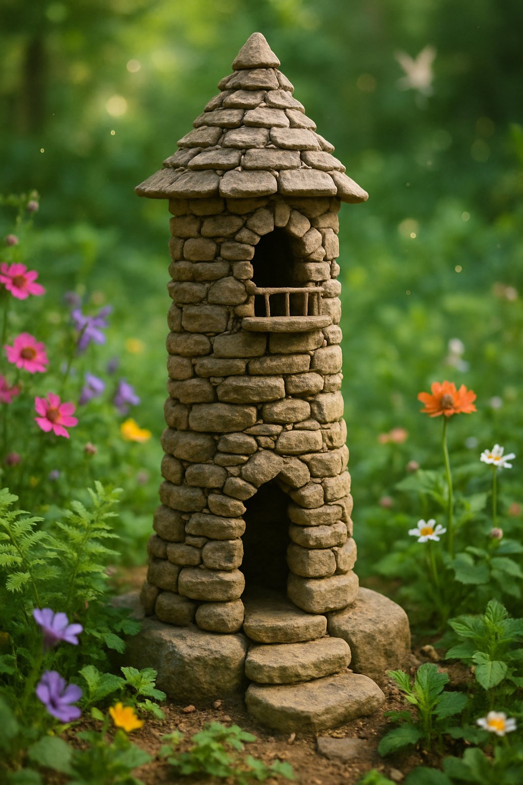 A stone lookout tower surrounded by flowers and plants in a garden with faint glowing lights suggesting magical creatures nearby.