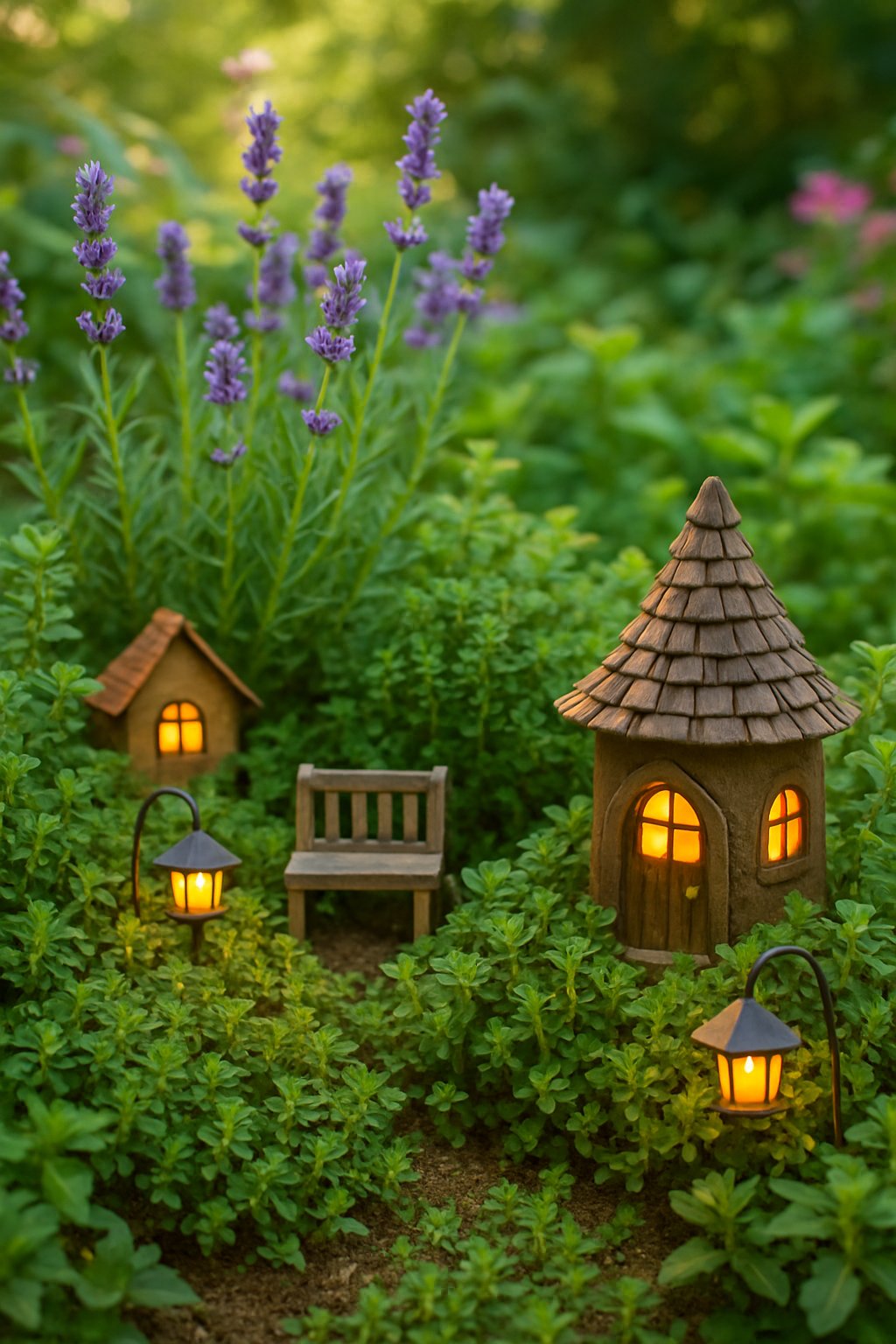 A garden with thriving thyme and lavender plants surrounded by small fairy decorations and soft sunlight.