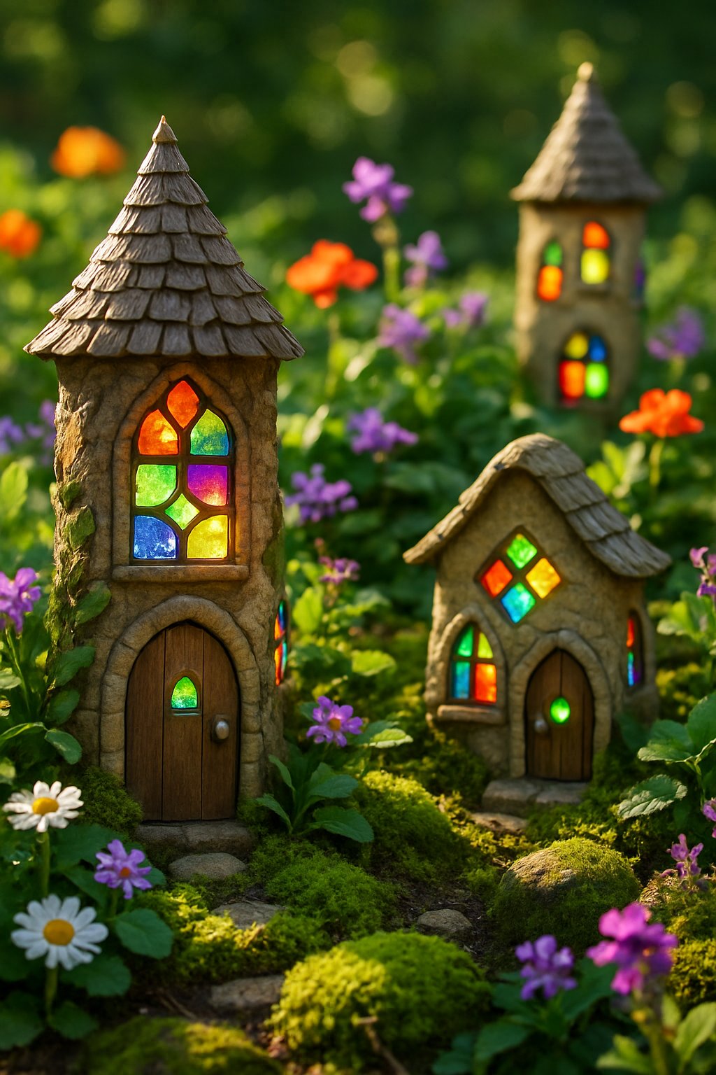 A close-up view of small fairy homes with colorful stained glass windows surrounded by plants and flowers in a garden.