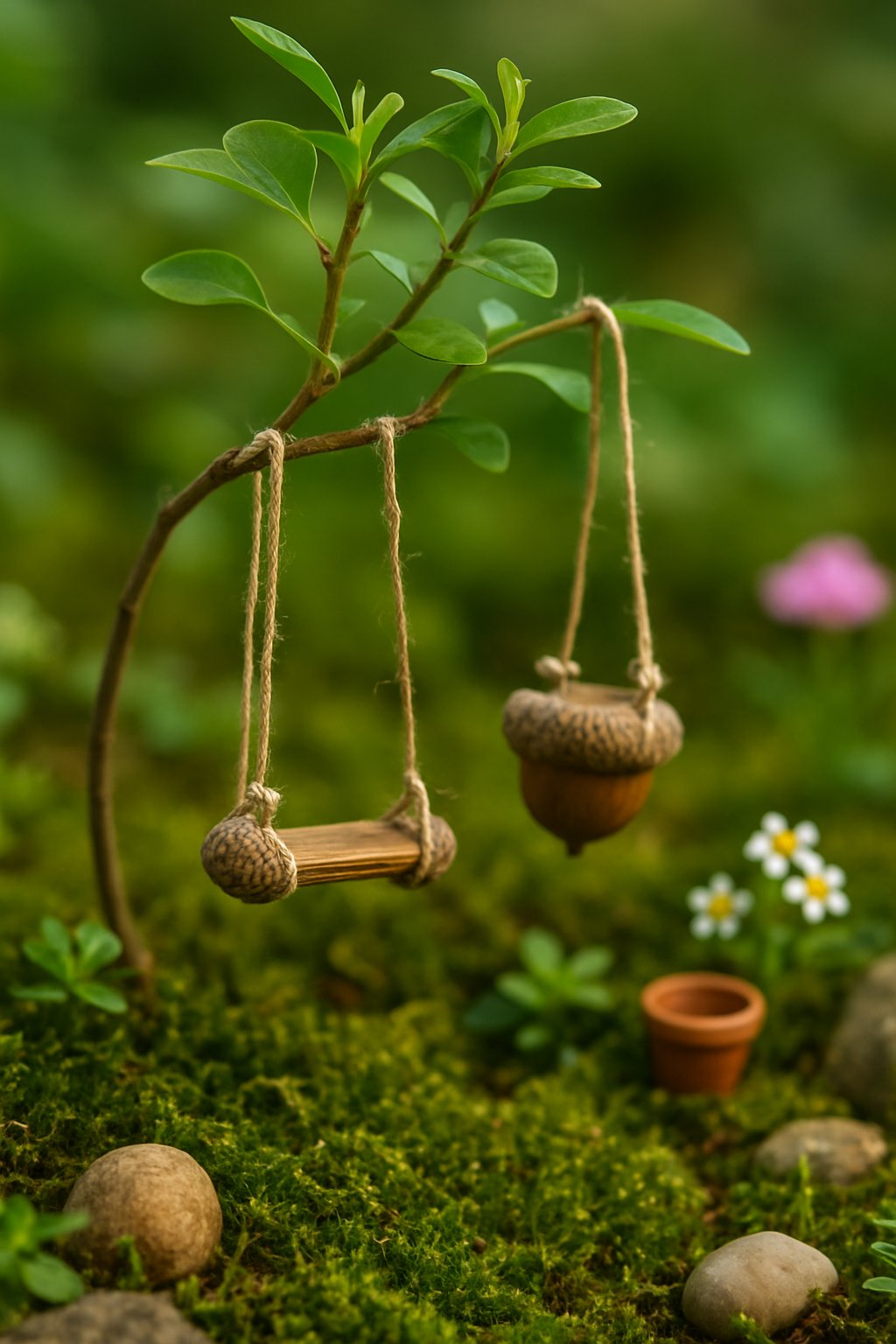 Miniature swings made from acorn caps and string hanging from plant branches in a small garden setting with moss and flowers.