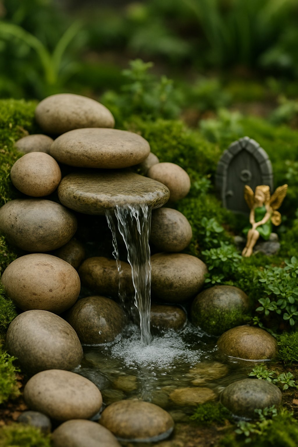 A small waterfall with smooth stones and flowing water surrounded by plants in a miniature garden.
