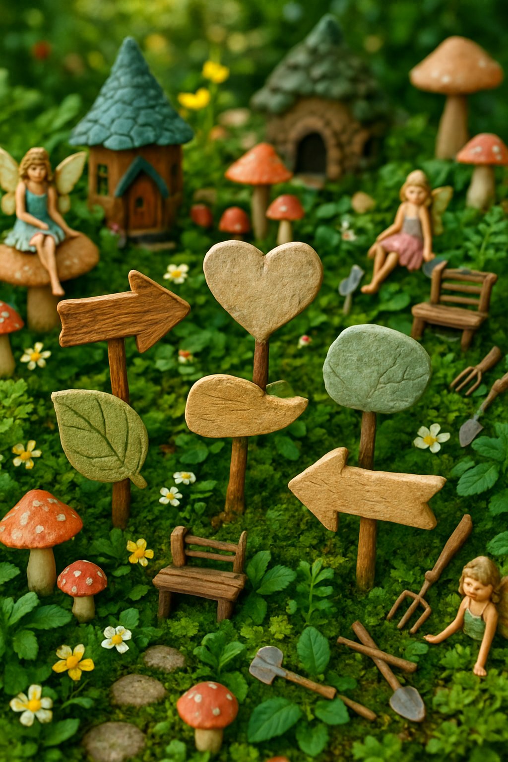 A close-up view of a miniature fairy garden with small garden signs, tiny flowers, mushrooms, fairy houses, and figurines arranged among green plants.