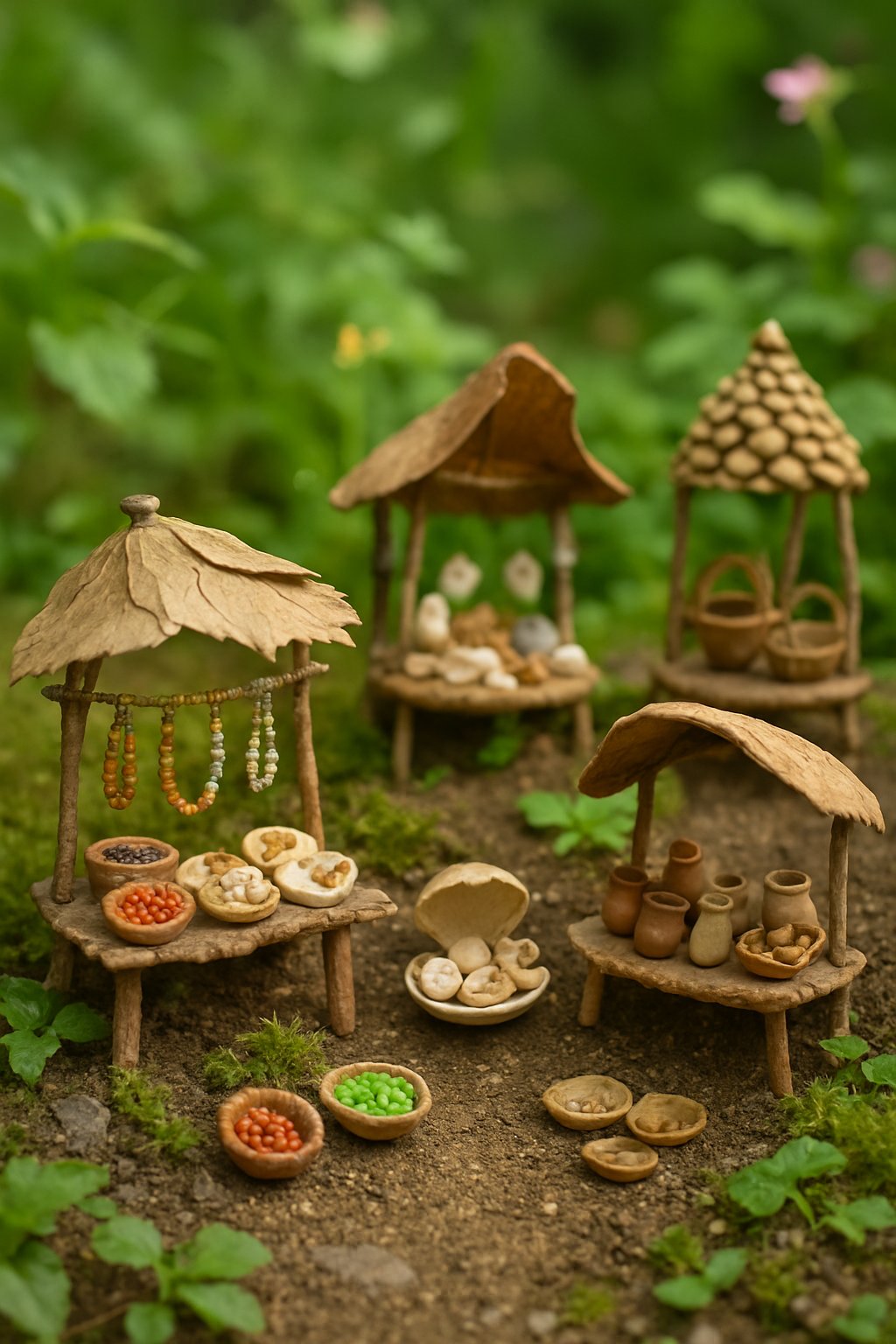 A miniature fairy market with tiny stalls and goods made from seeds and shells set among green plants and flowers.