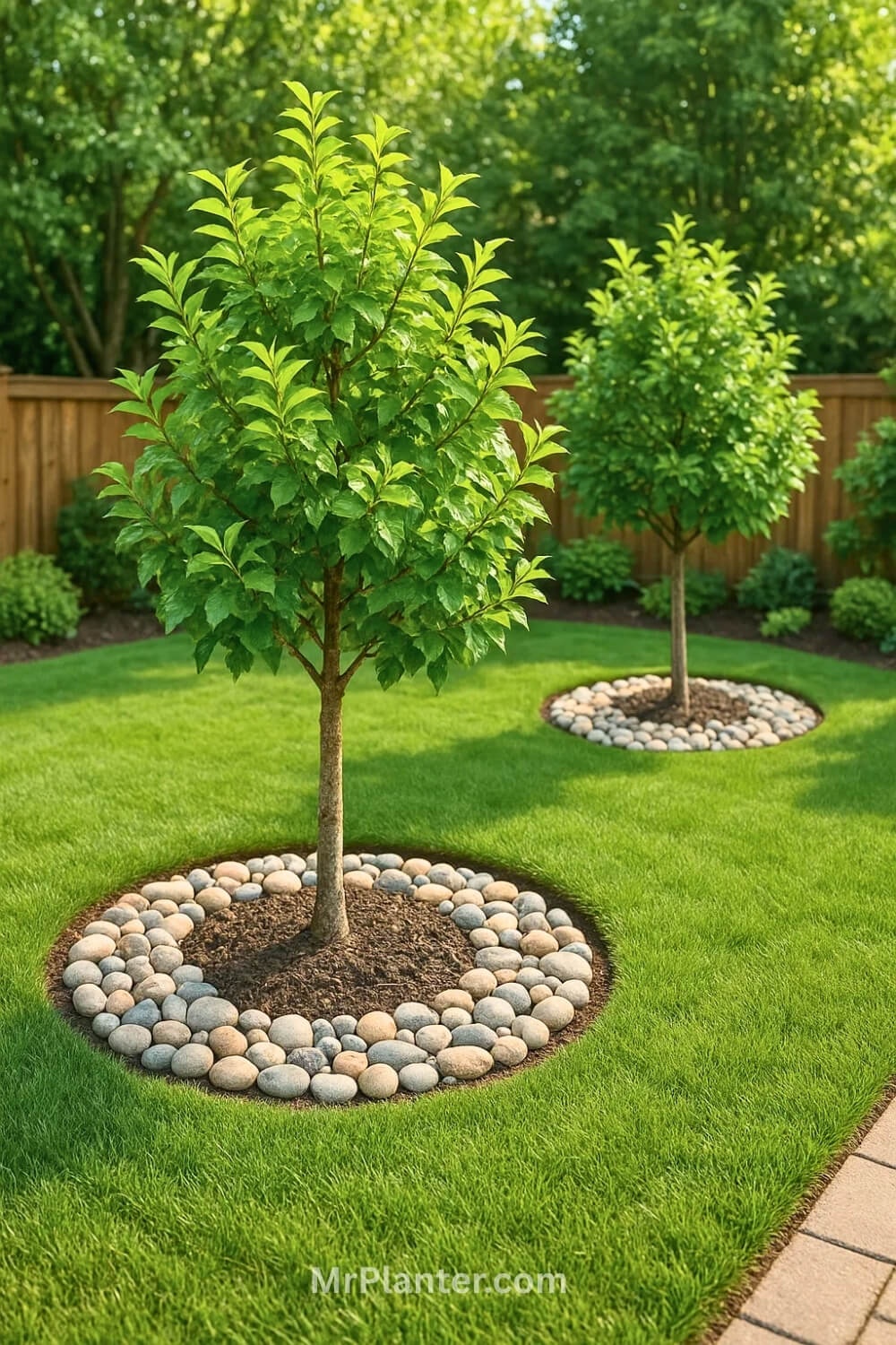 Protective rock beds circling your trees to keep weeds on the naughty list