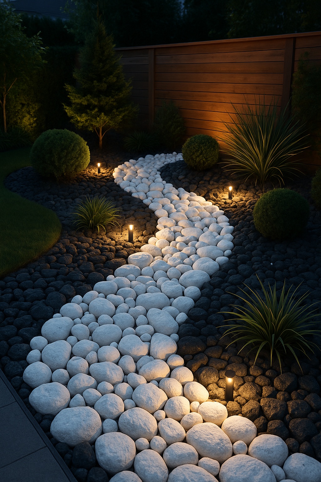 Black and white rock landscaping with strategic lighting
