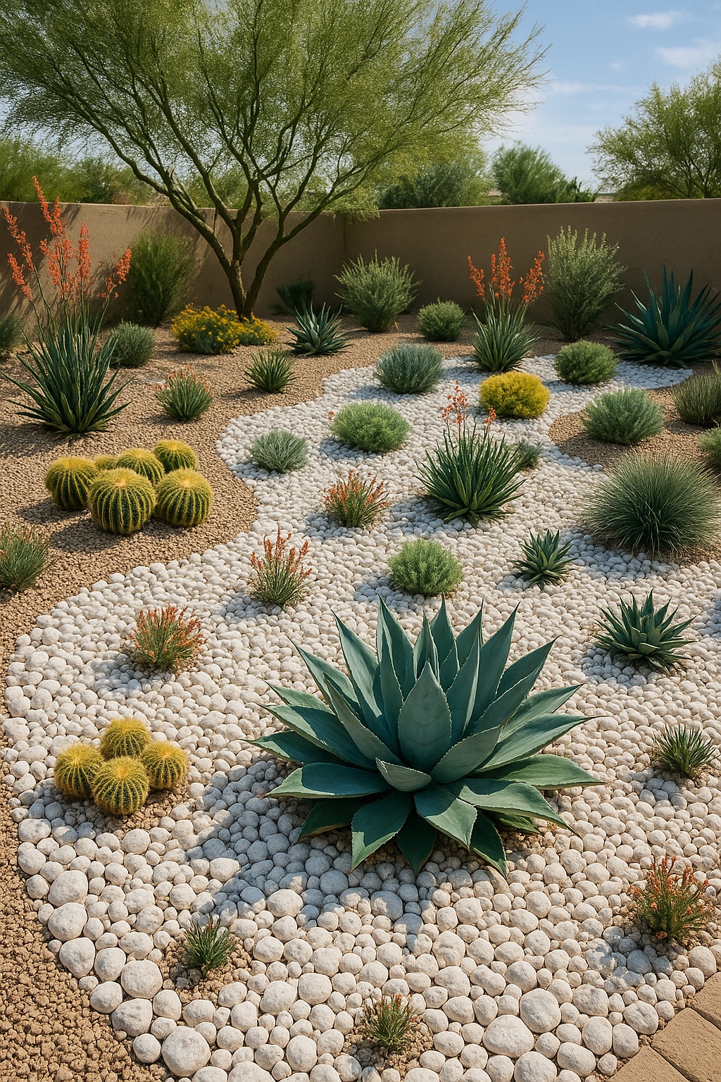 Desert Garden Landscape using white rocks and drought-tolerant plants