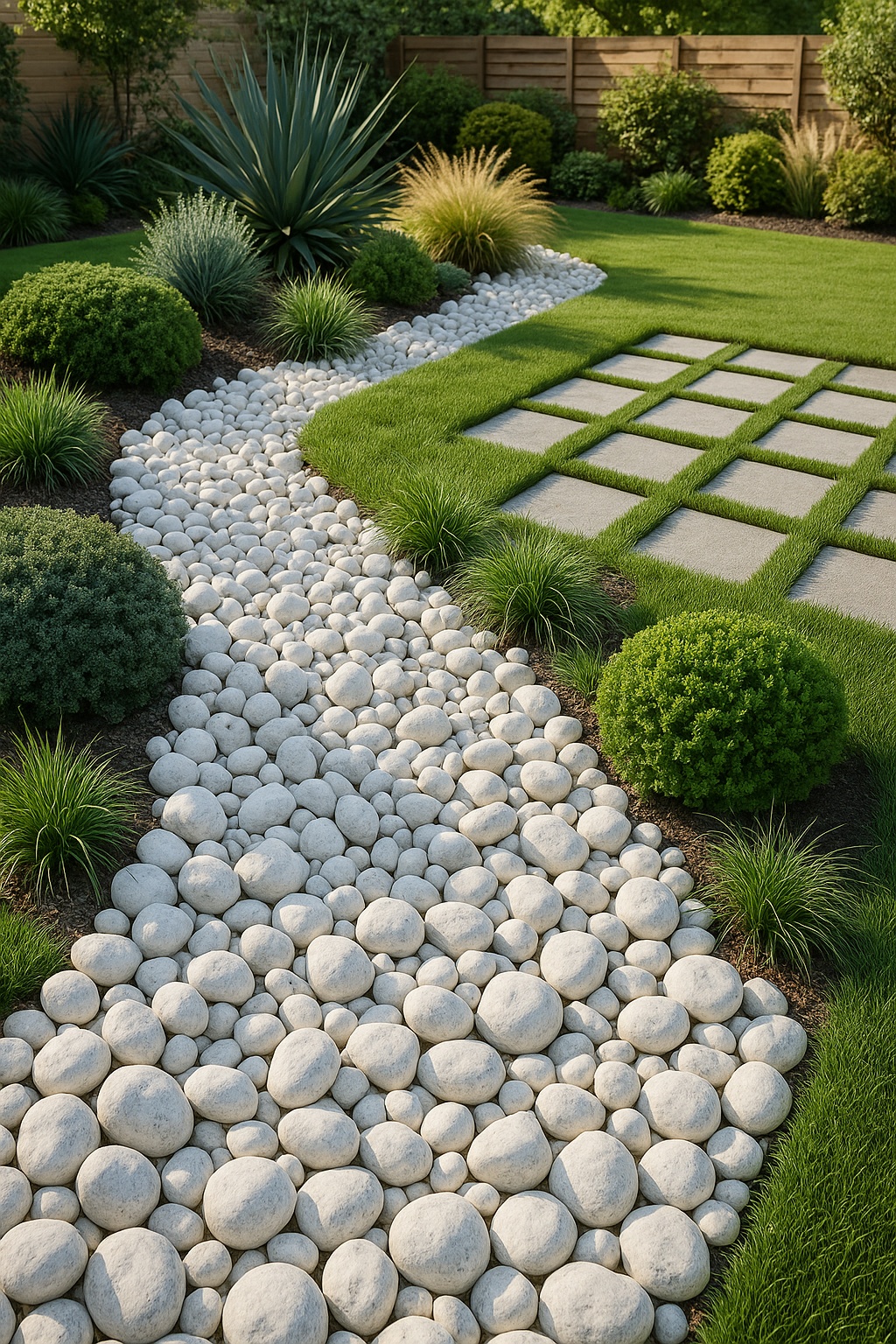 Dry bed landscaping with white rocks and lawn pavement