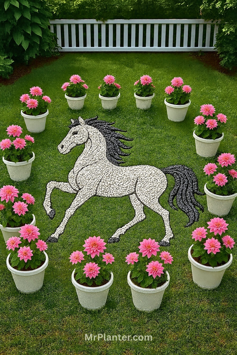 Mixing gravel colors to create a natural watercolor painting on your lawn in horse shape
