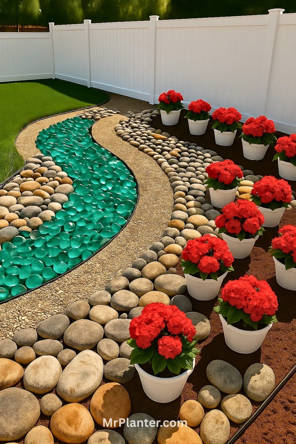 Reflective river glass paired with rugged stones for a glow-up effect