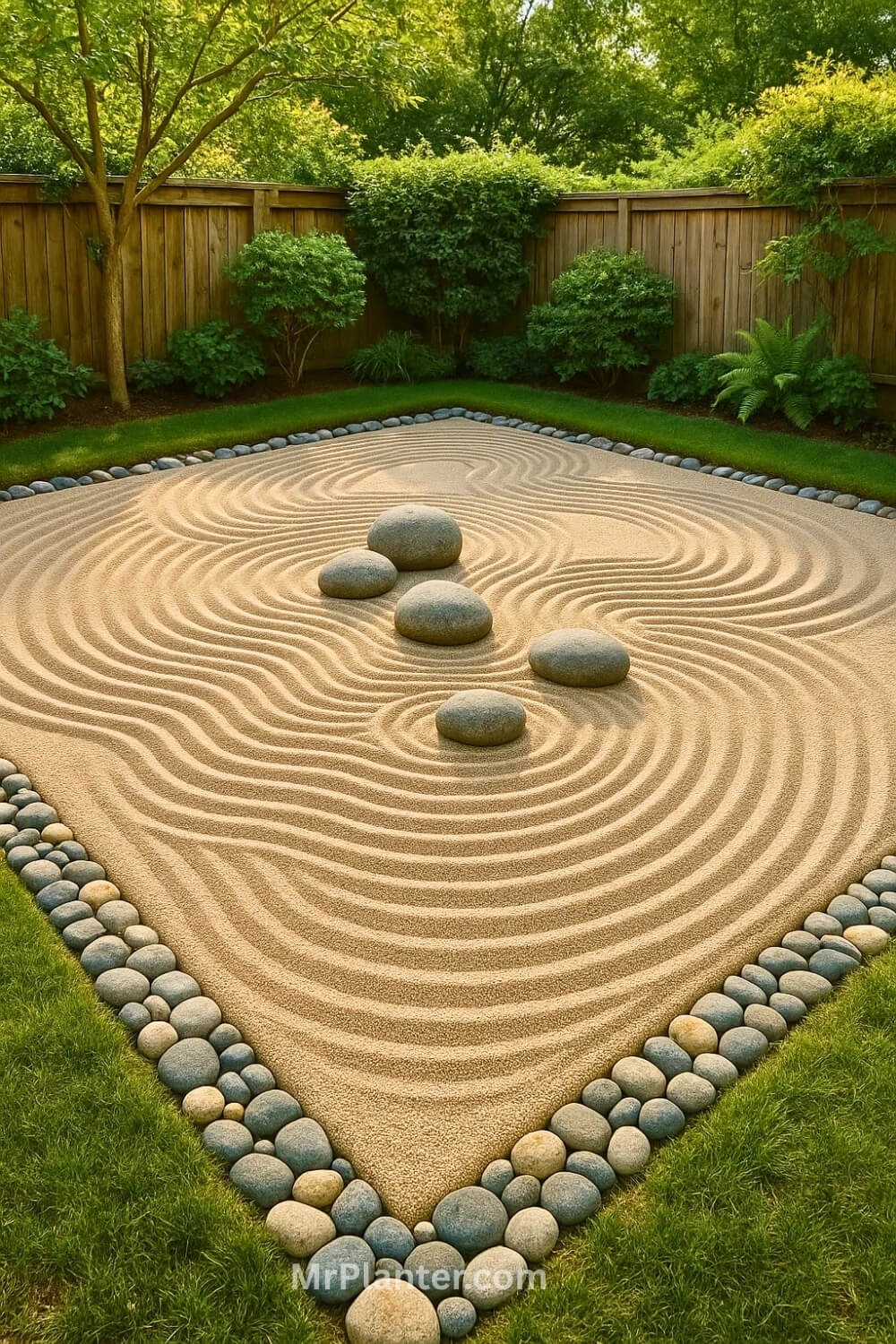 Zen garden vibes with smooth pebbles and a raked sand canvas