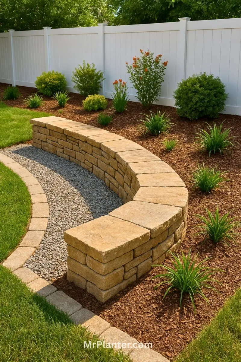 Stacked stone borders that double as casual seating during BBQs