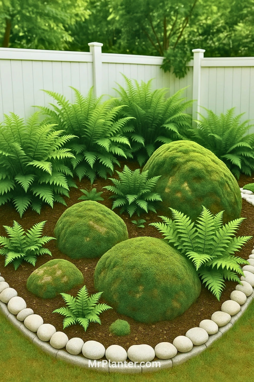 Mossy boulders nestled between ferns for that enchanted forest feel