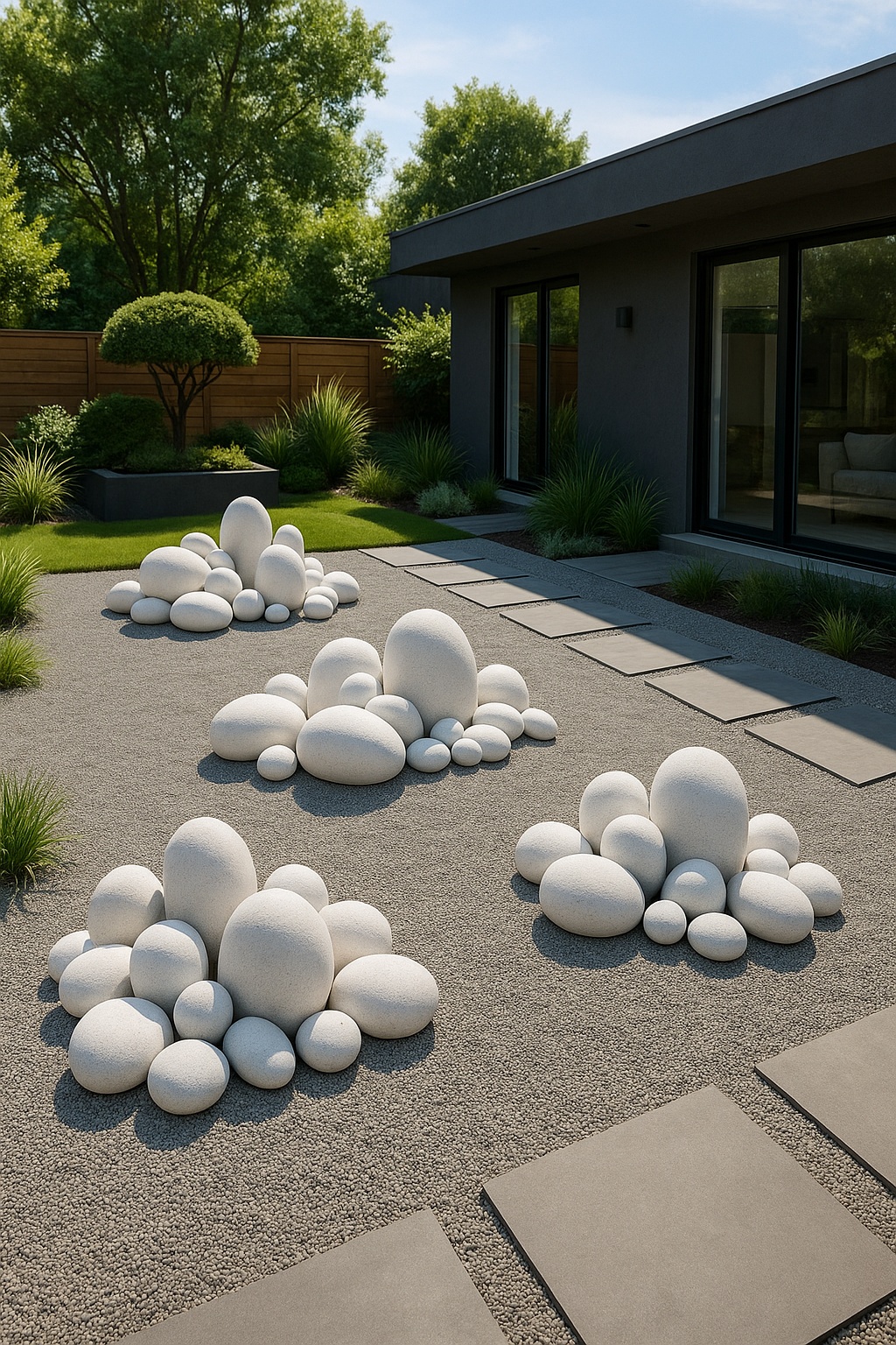 Modern art-inspired clusters of white rocks in front yards