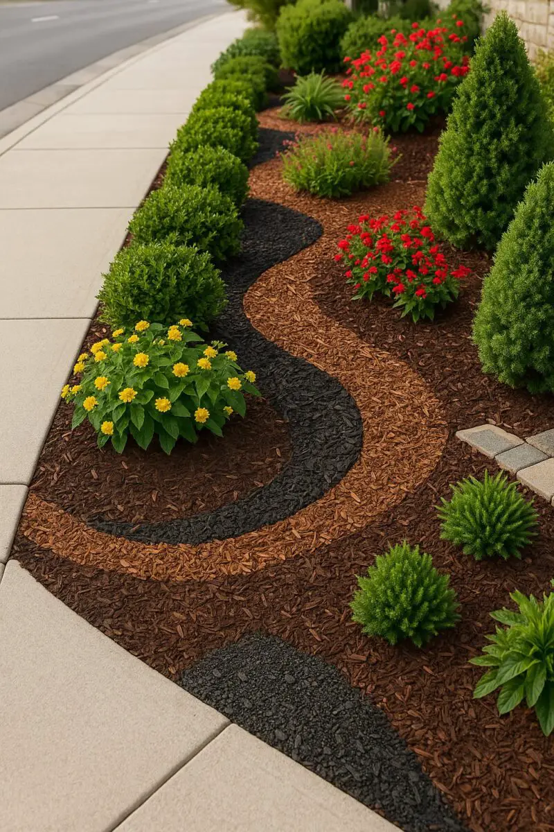 A clean urban sidewalk lined with creatively landscaped plants and mulch designs, surrounded by shrubs and flowers.