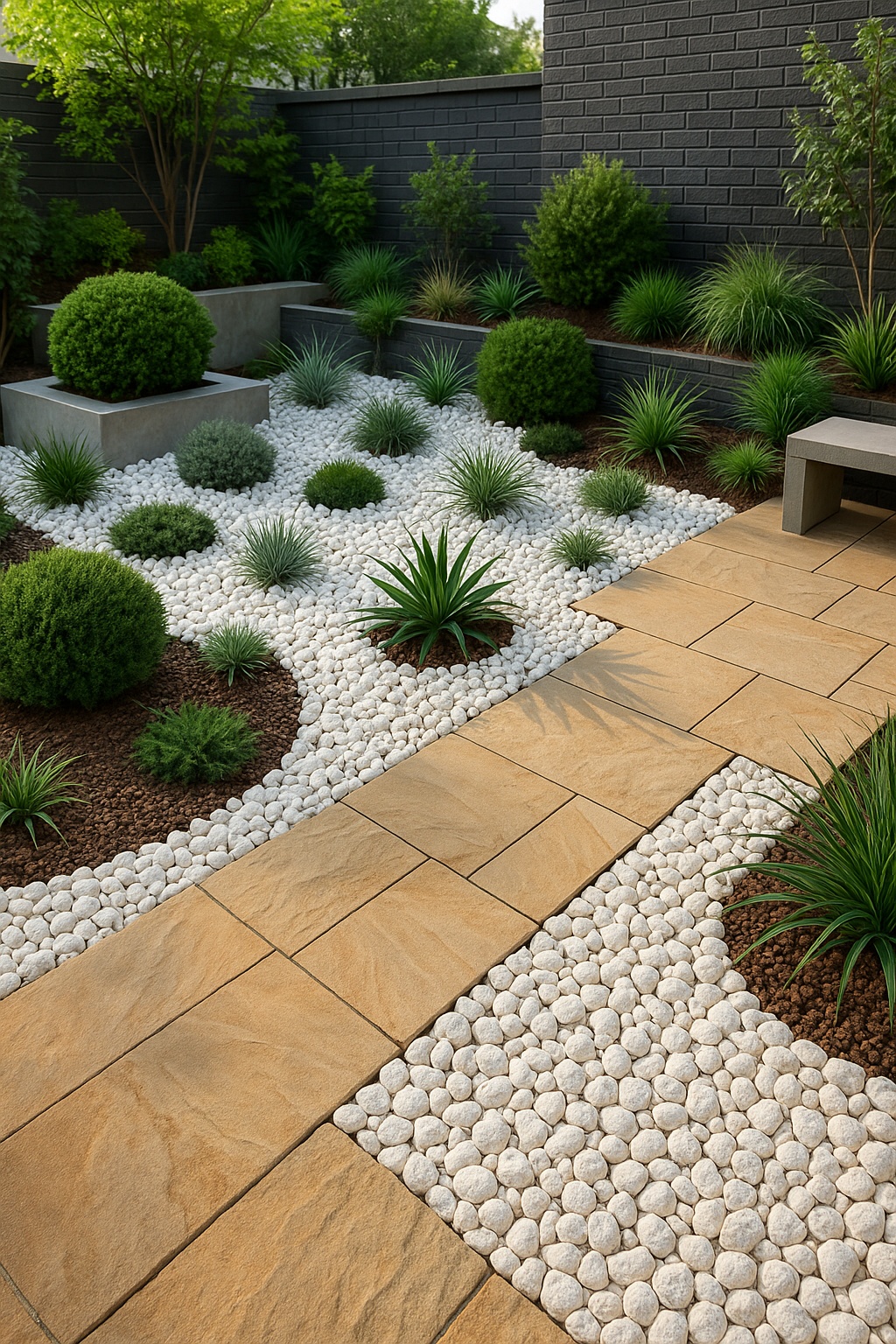 Urban landscape decor combining sandstone and white lava chips