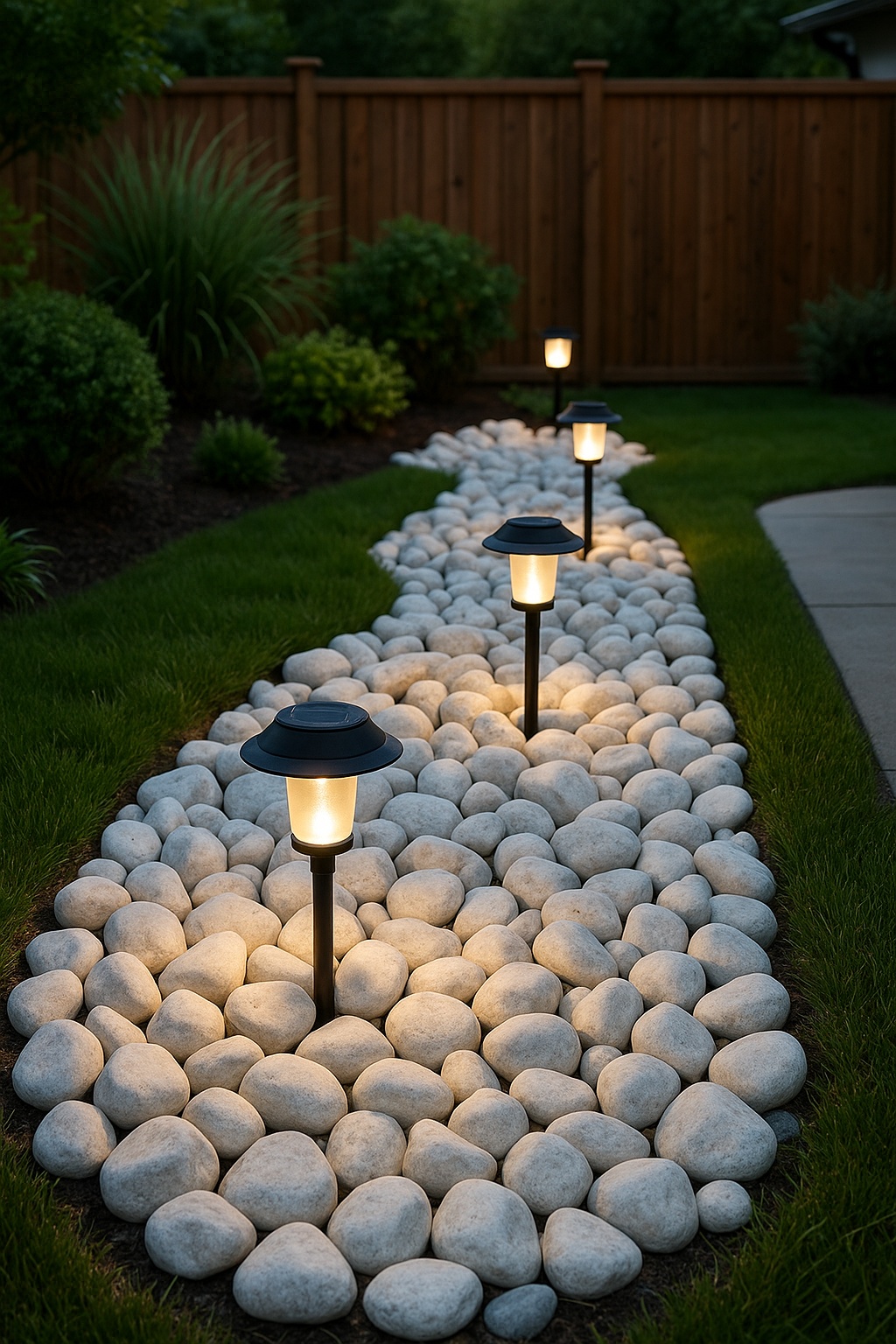 White rocks with solar garden lights for nighttime appeal