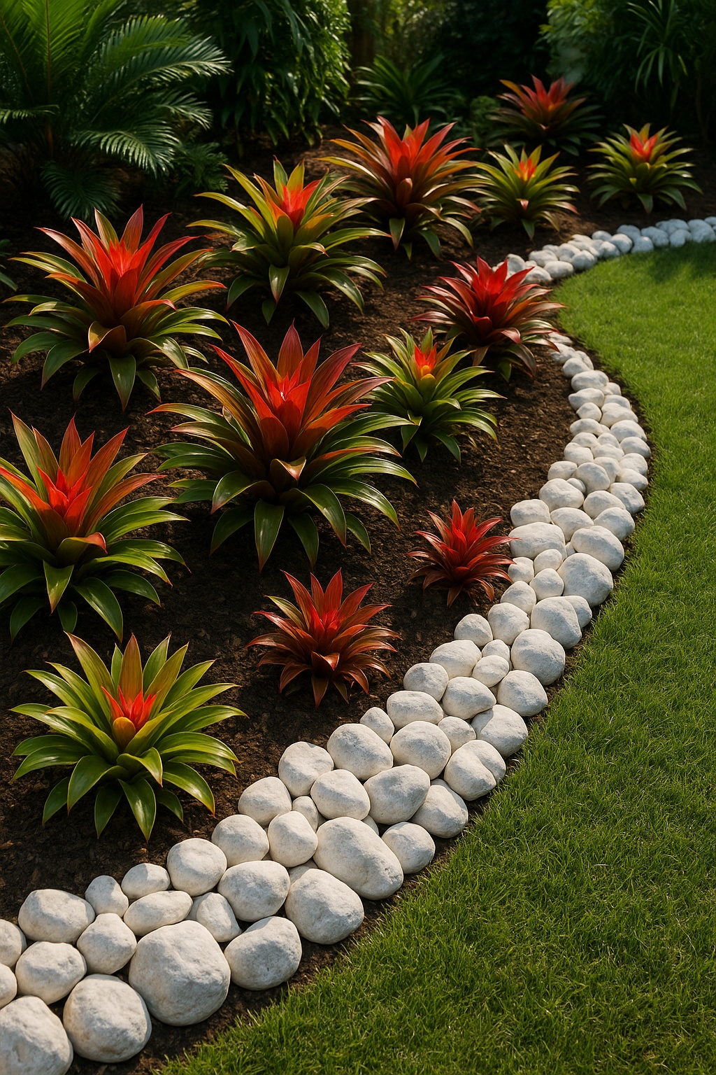 White rocky edging paired with bromeliads