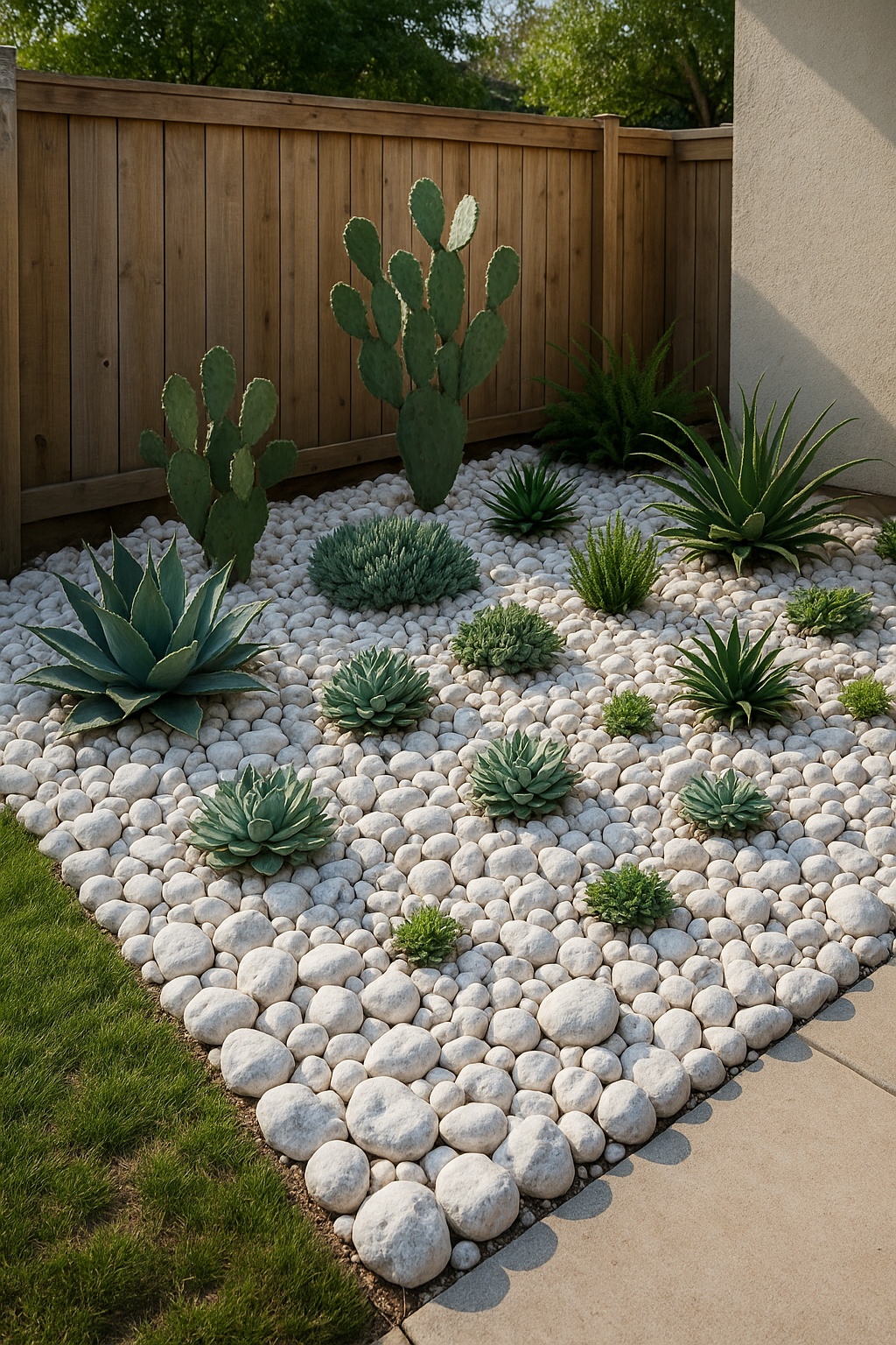 White rock bed with native succulents for low maintenance