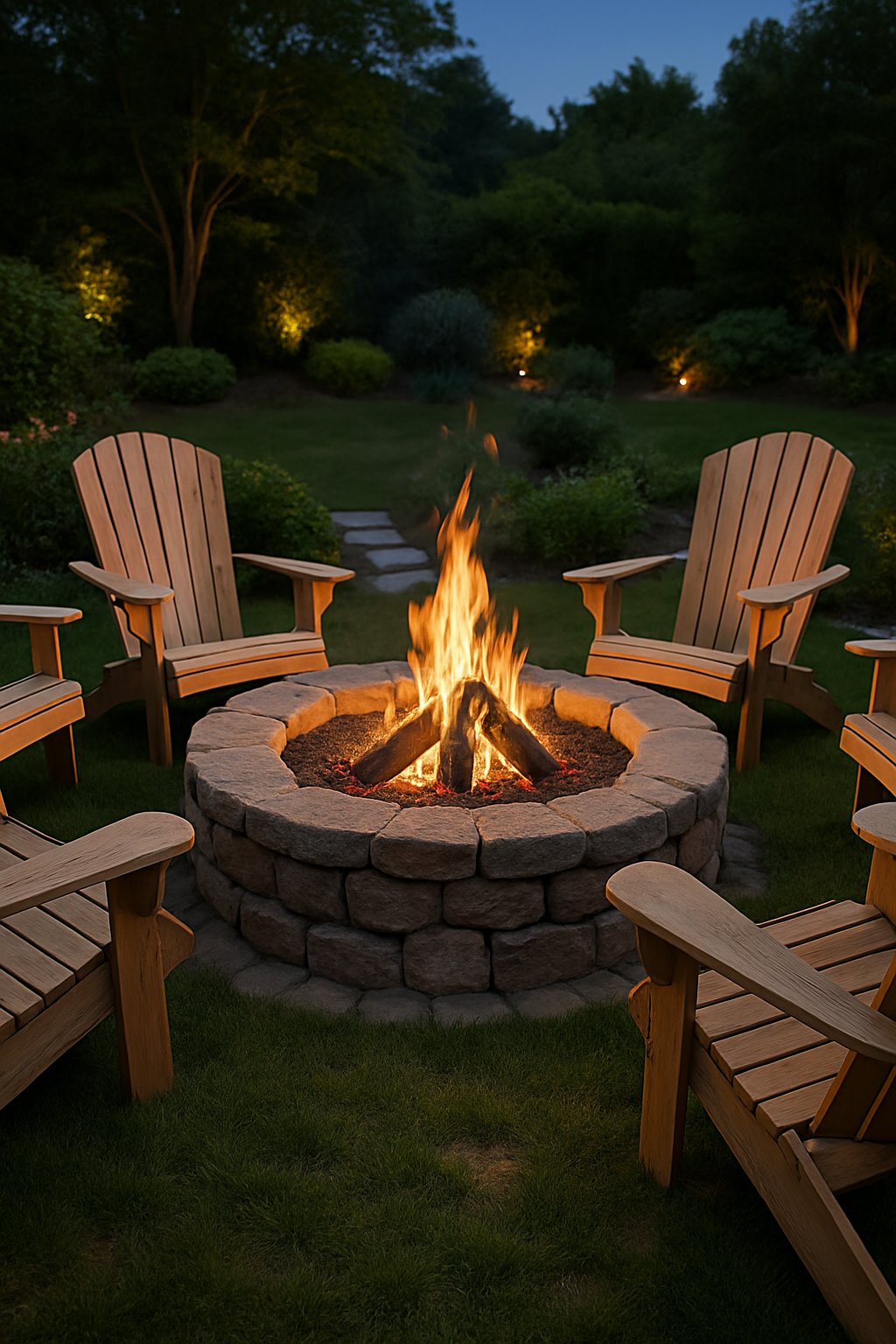 A backyard scene with a stone fire pit surrounded by six wooden Adirondack chairs on green grass, with plants and stone pathways nearby.