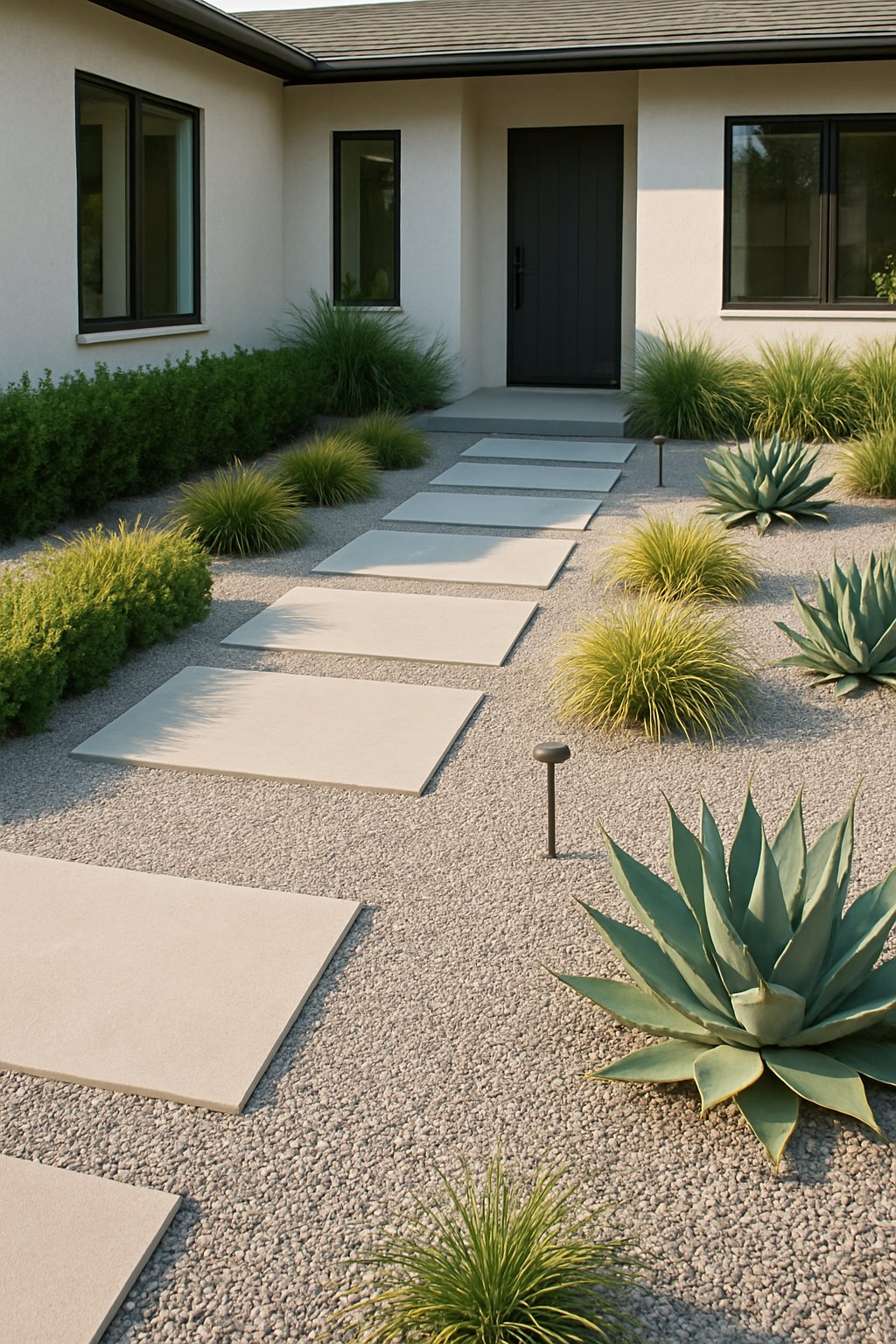 A modern front yard with minimalist gravel pathways, greenery, and a contemporary house in the background.