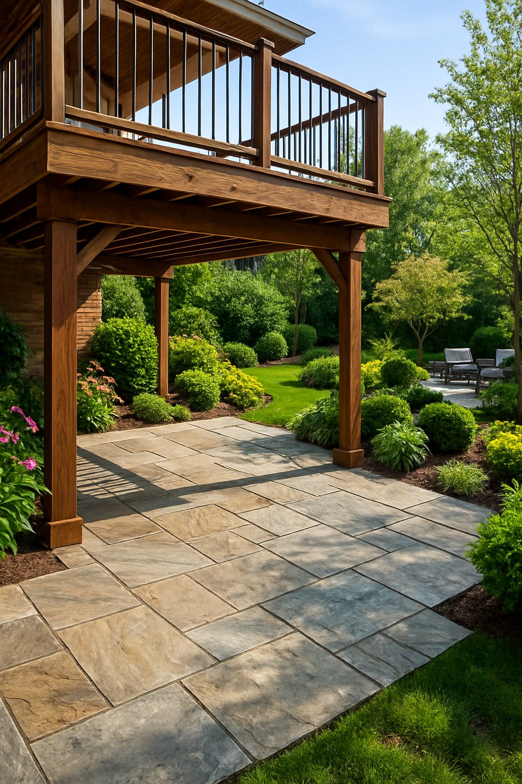 A backyard with a stone patio built under a wooden deck, surrounded by green plants and a well-kept lawn.