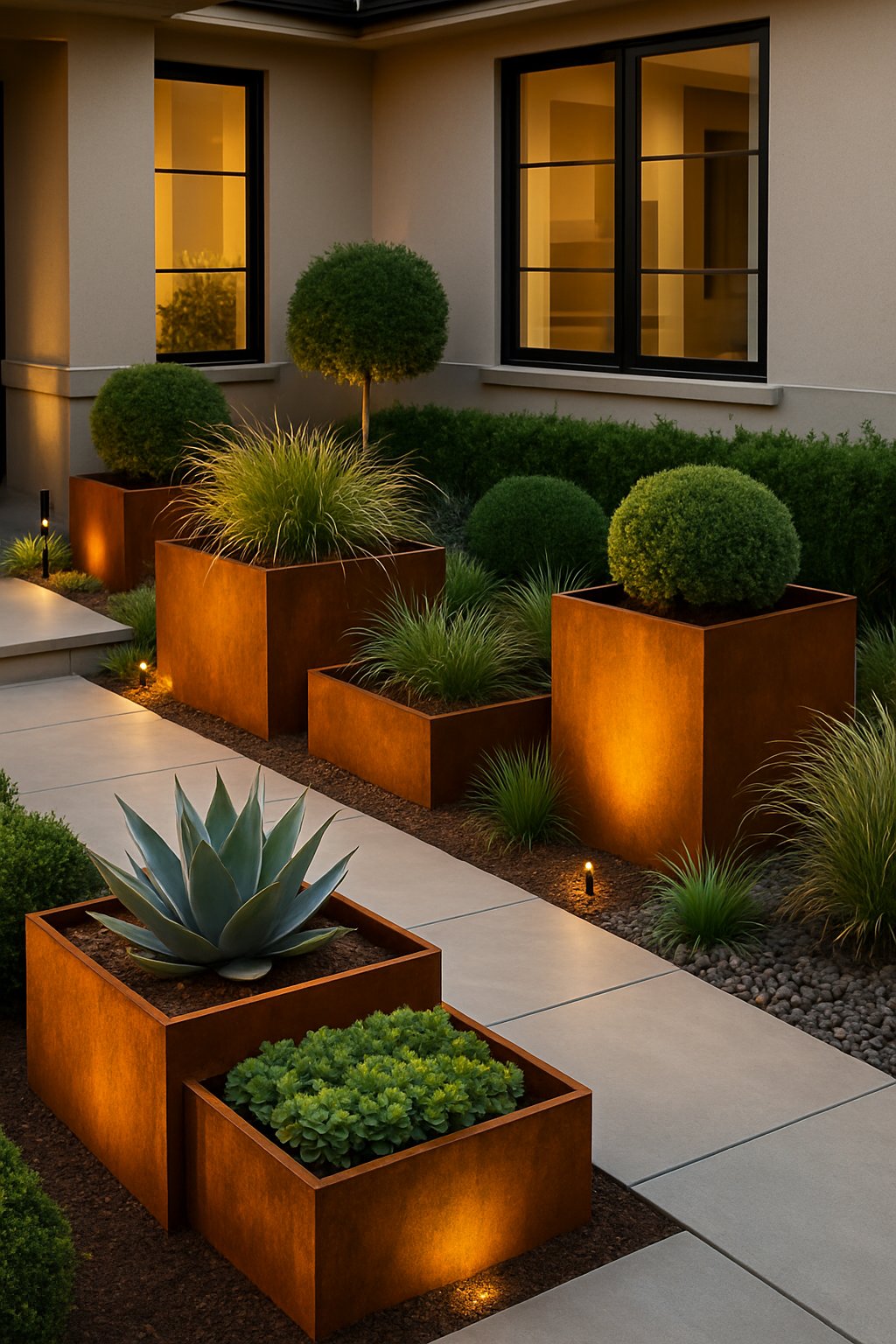 Modern front yard with rust-colored corten steel planters filled with green plants and succulents along a stone pathway in front of a contemporary house.
