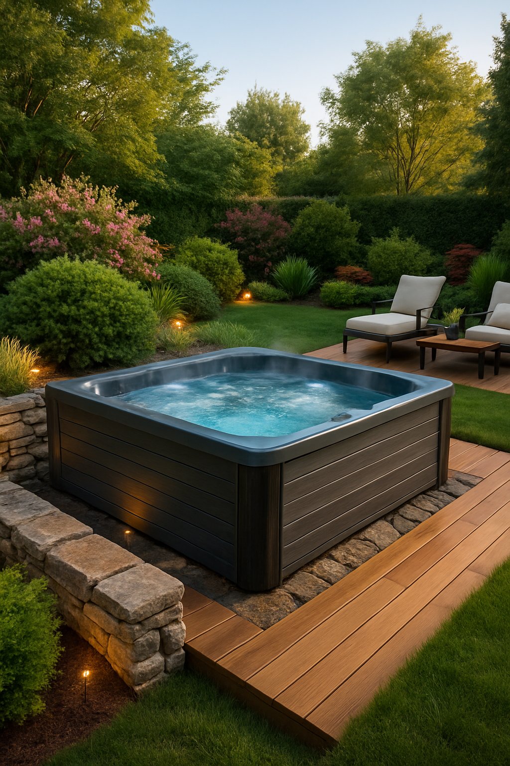 A backyard with an above-ground spa surrounded by wooden decking and stone, with outdoor seating nearby and lush green plants.