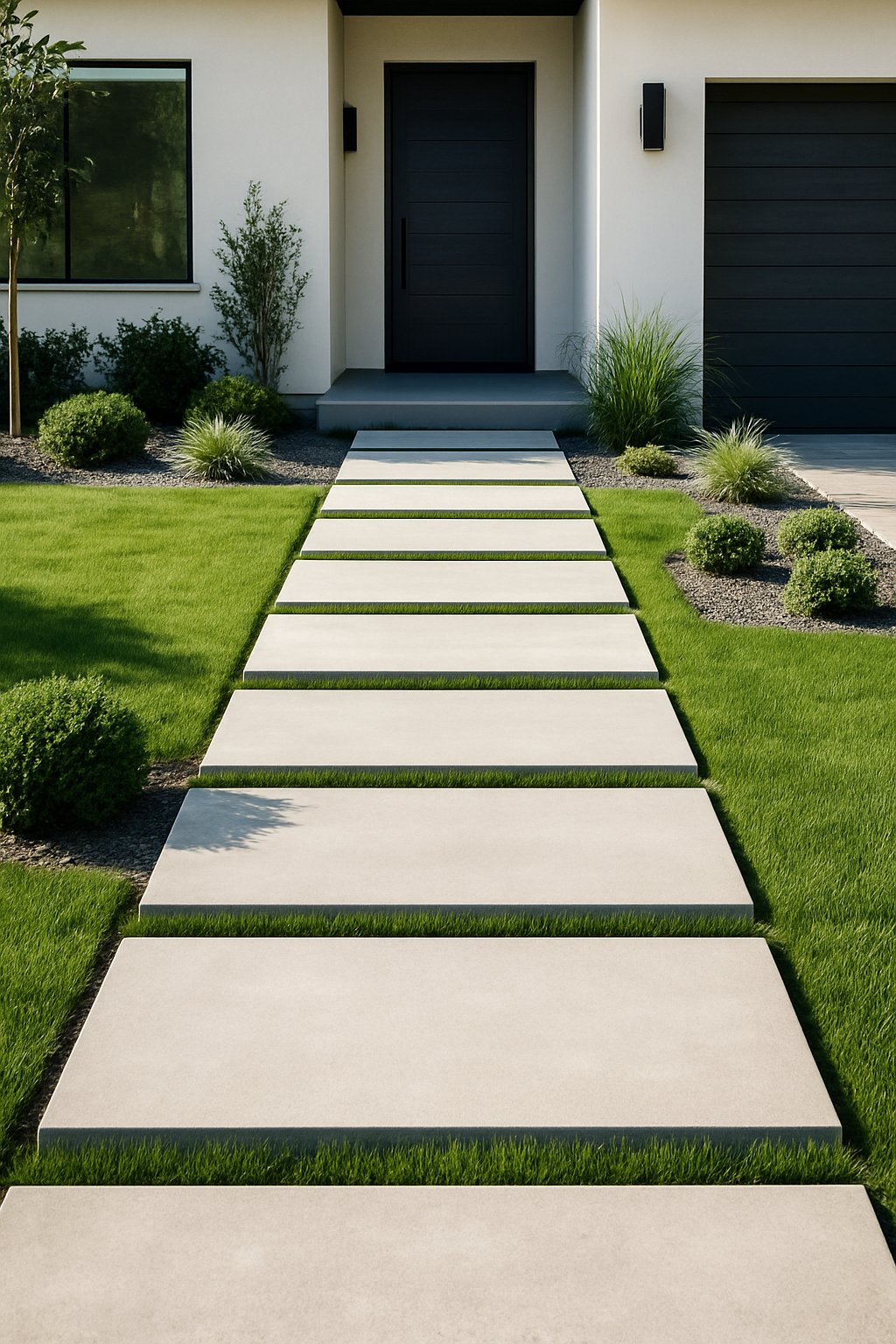 A modern front yard with a pathway of concrete stepping stones surrounded by green grass and small plants leading to a contemporary house entrance.