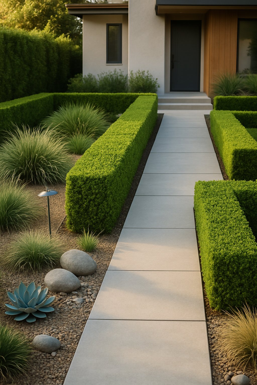 A modern front yard with neatly trimmed boxwood hedge borders, clean pathways, ornamental plants, and stone accents under natural daylight.