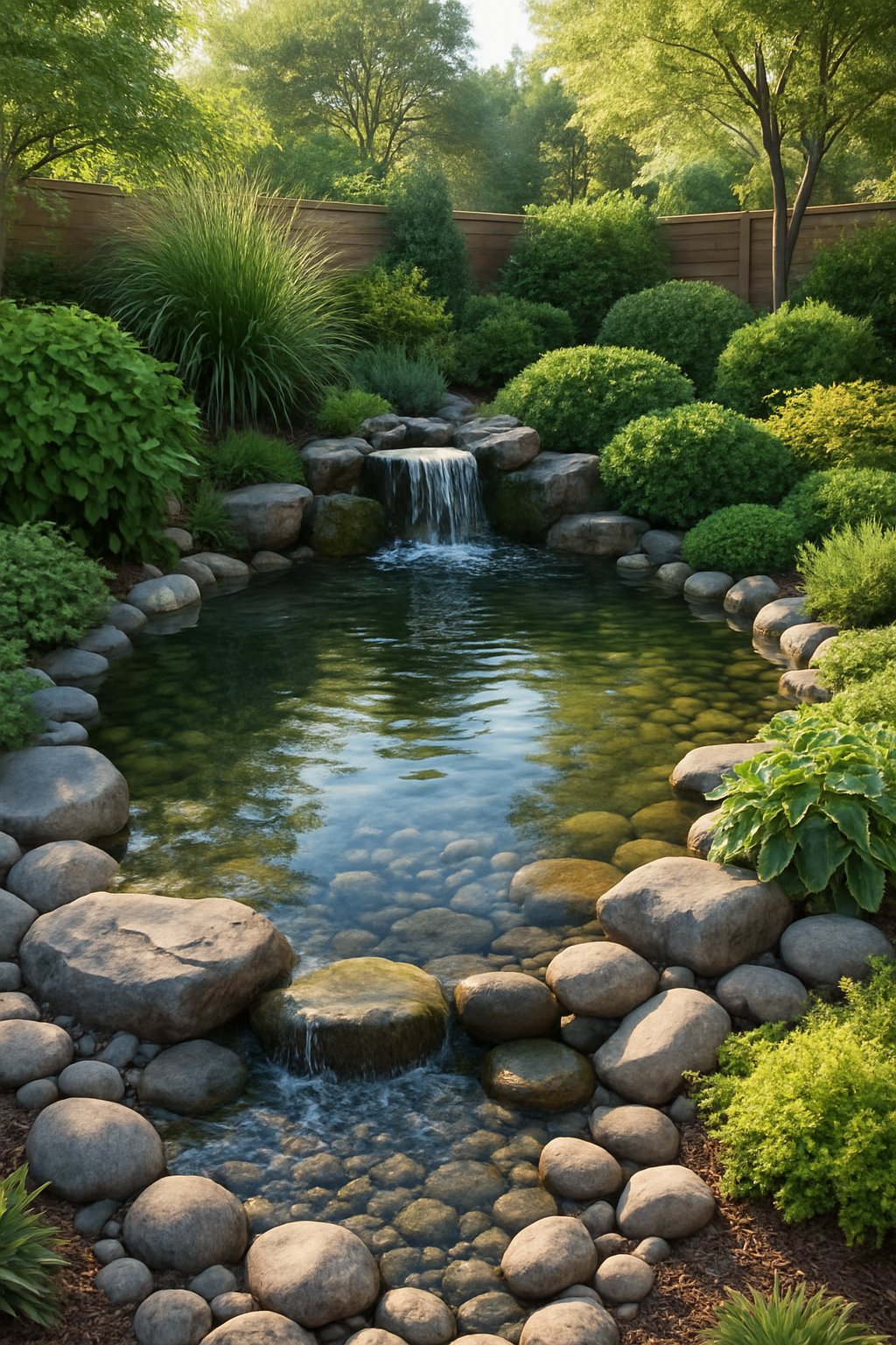 A backyard with a small pond surrounded by plants, stones, and trees, creating a peaceful and natural outdoor space.