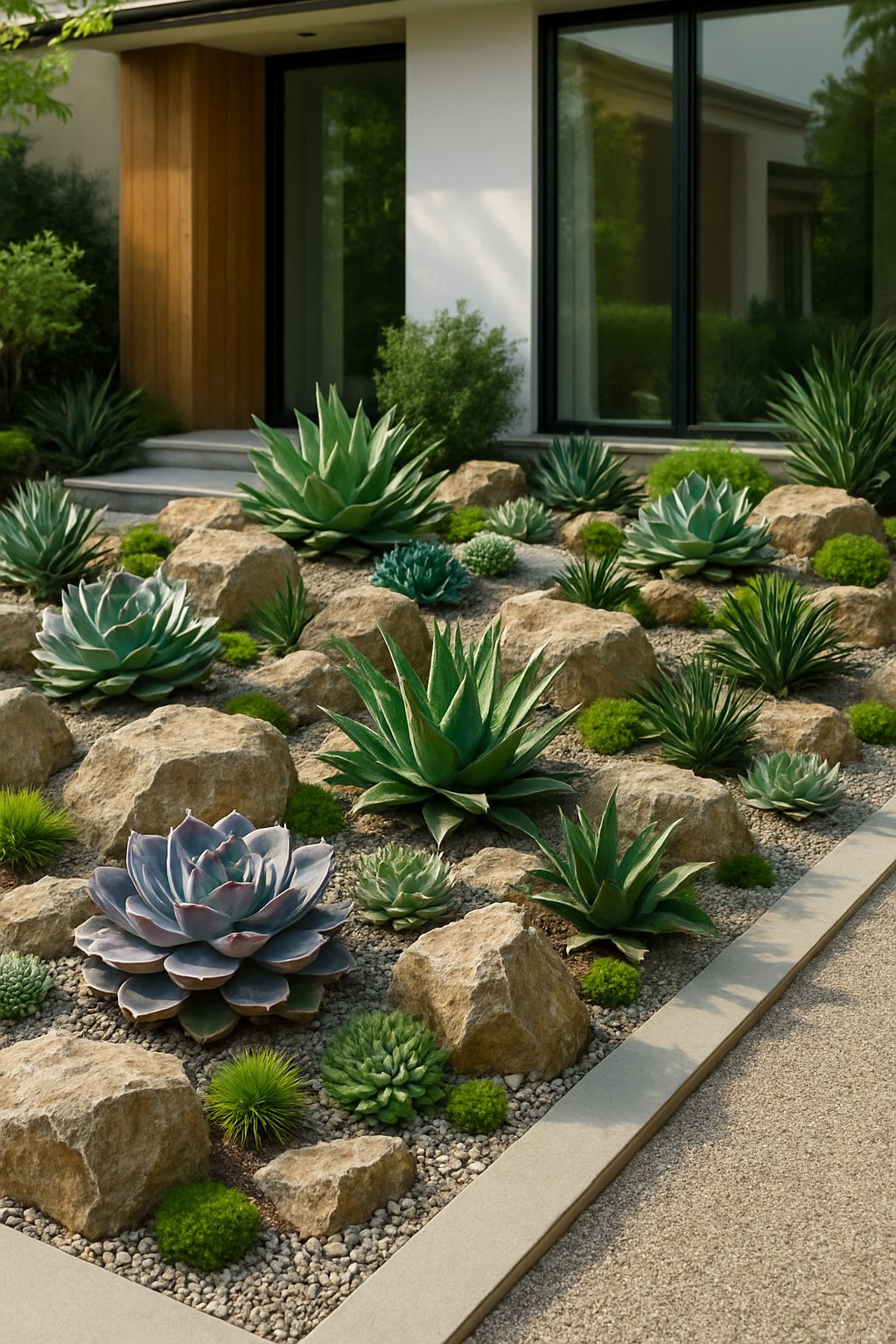 A modern front yard rock garden featuring various green and purple succulents arranged among natural stones and gravel pathways in front of a house with large windows.