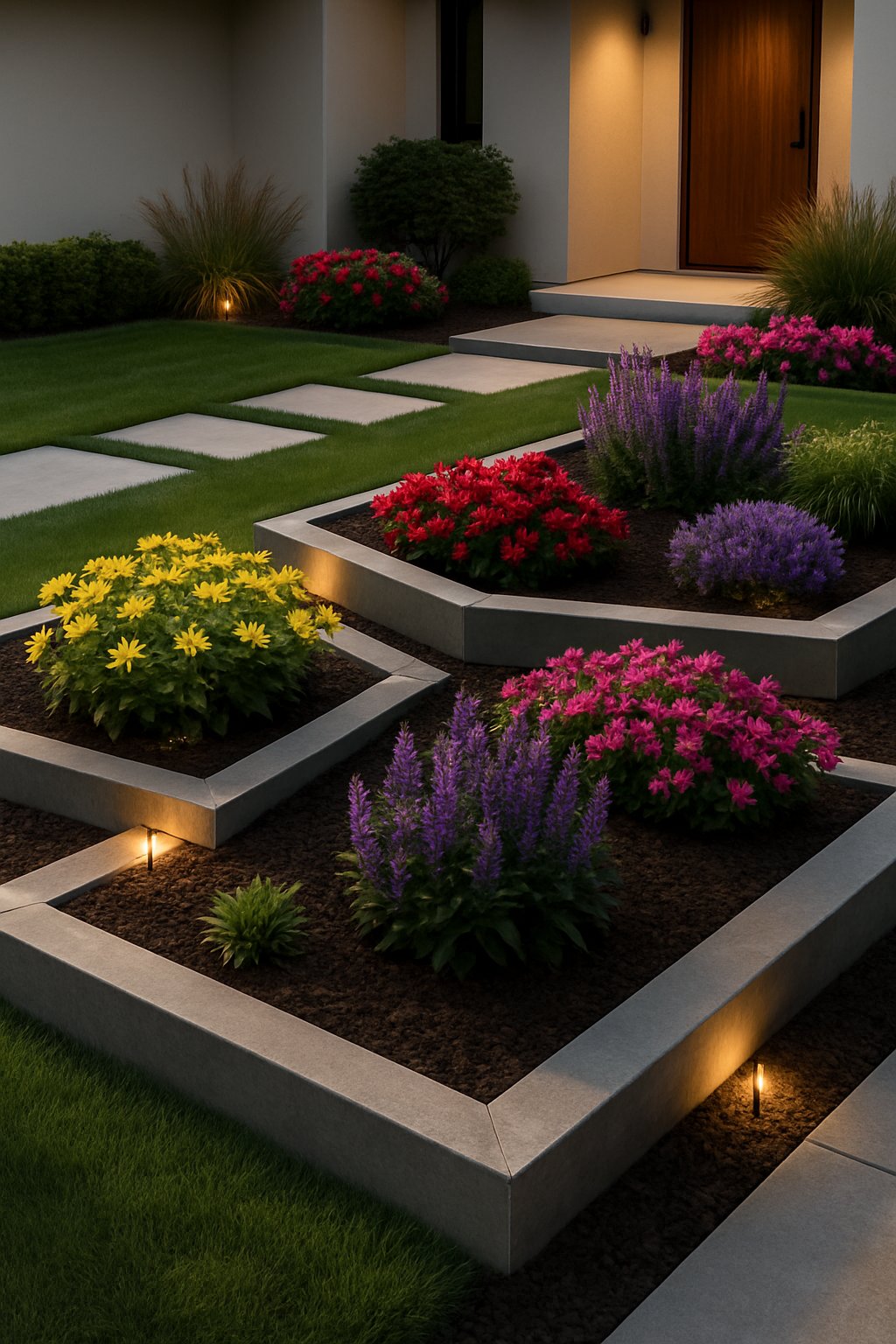 A modern front yard with geometric flower beds, vibrant flowers, manicured lawn, and stone pathways.