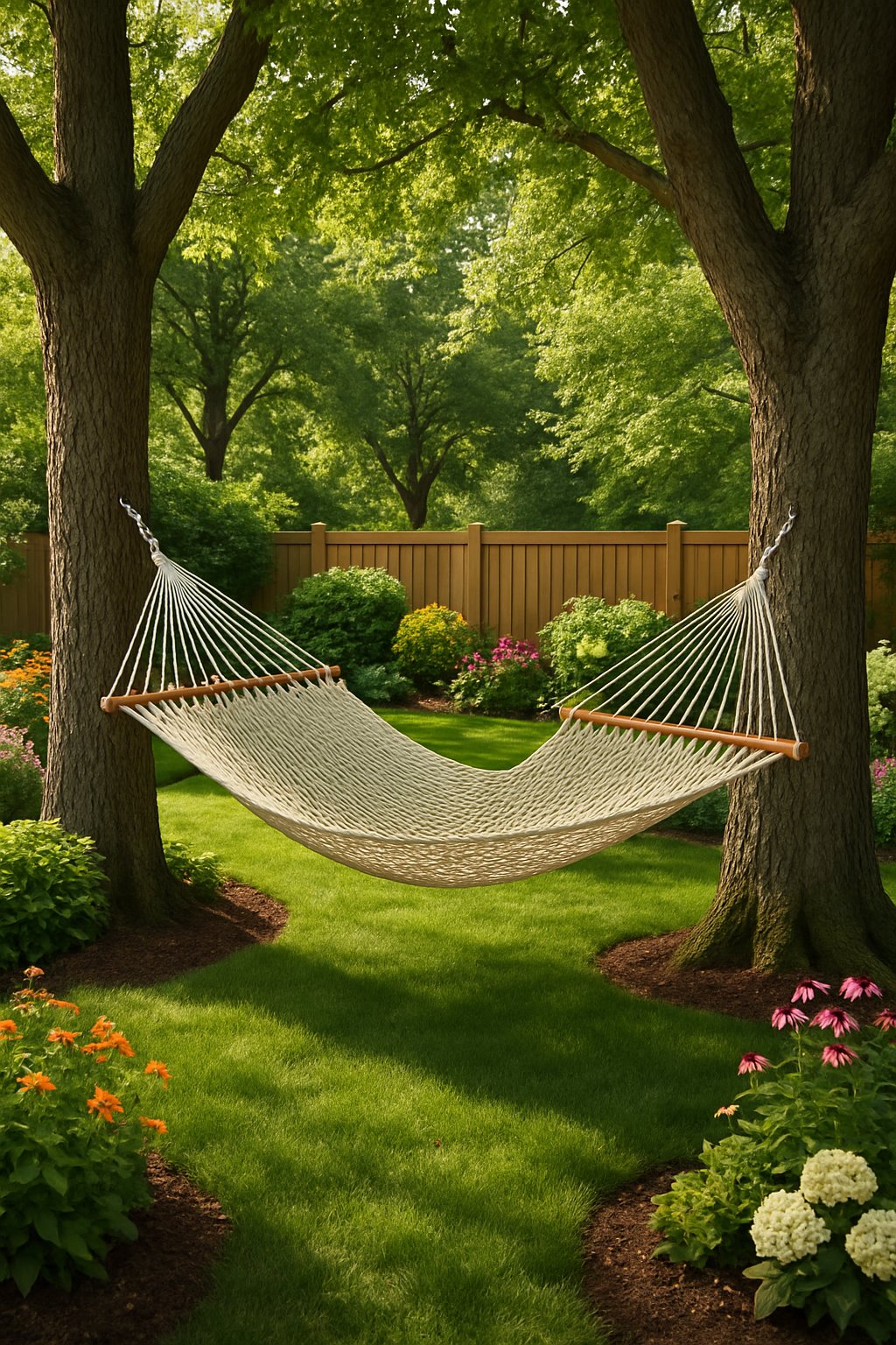 A hammock hanging between two large trees in a green backyard with flowers and grass.