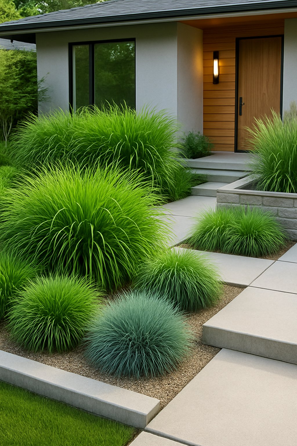 A modern front yard featuring various low-maintenance ornamental grasses arranged along stone pathways and planters in front of a contemporary house.